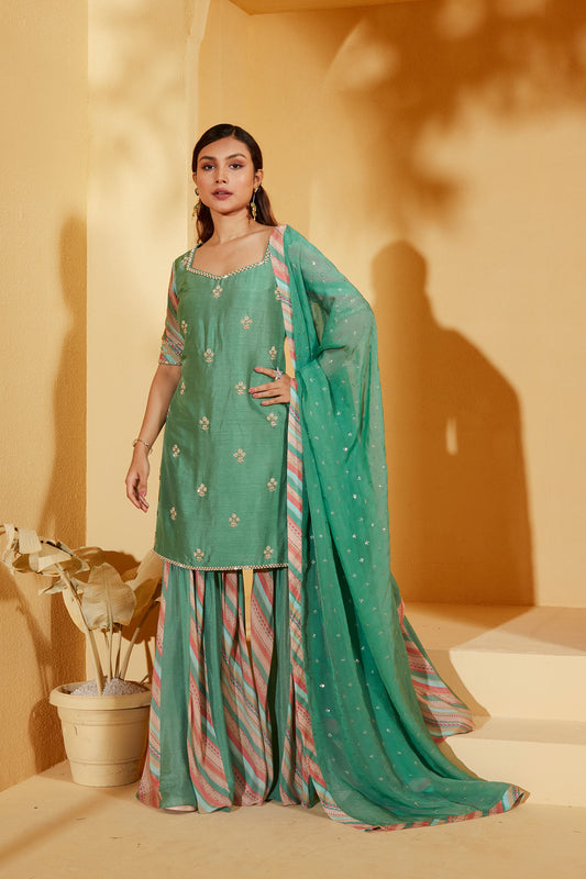 GREEN SHARARA SET WITH BUTI WORK