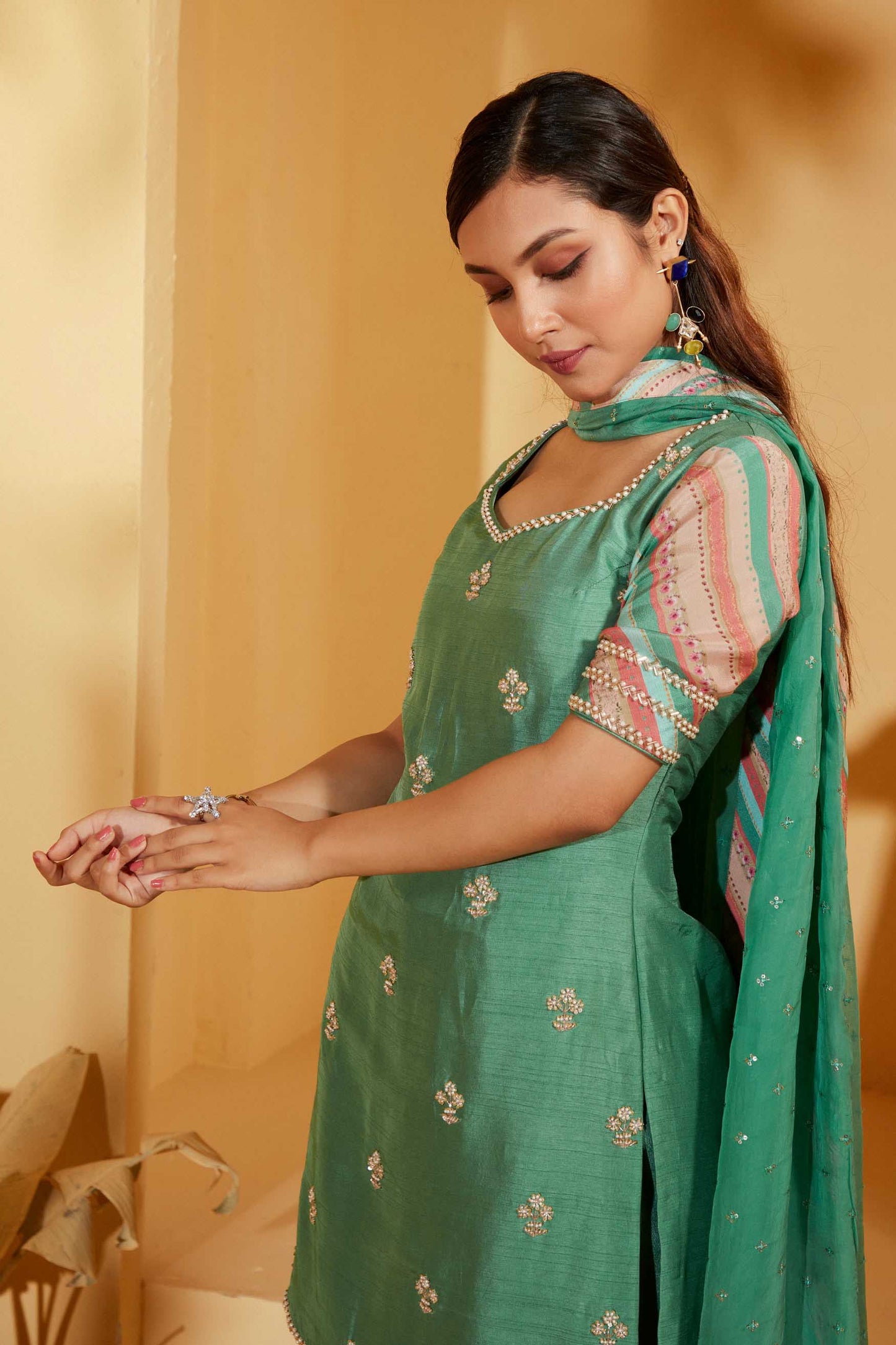 GREEN SHARARA SET WITH BUTI WORK