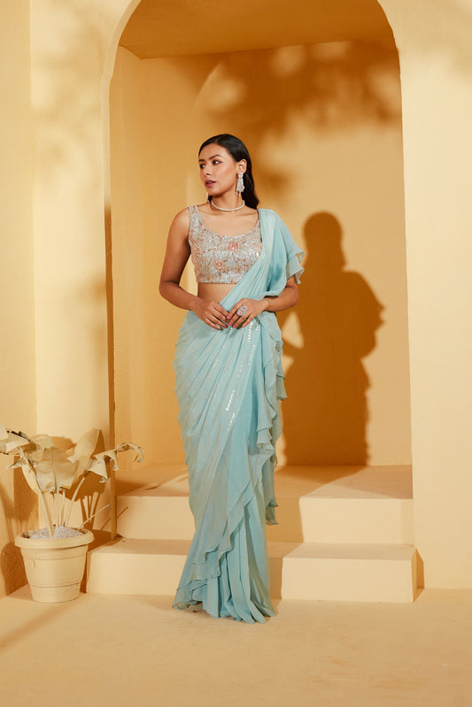 BLUE PRE DRAPE SAREE SET