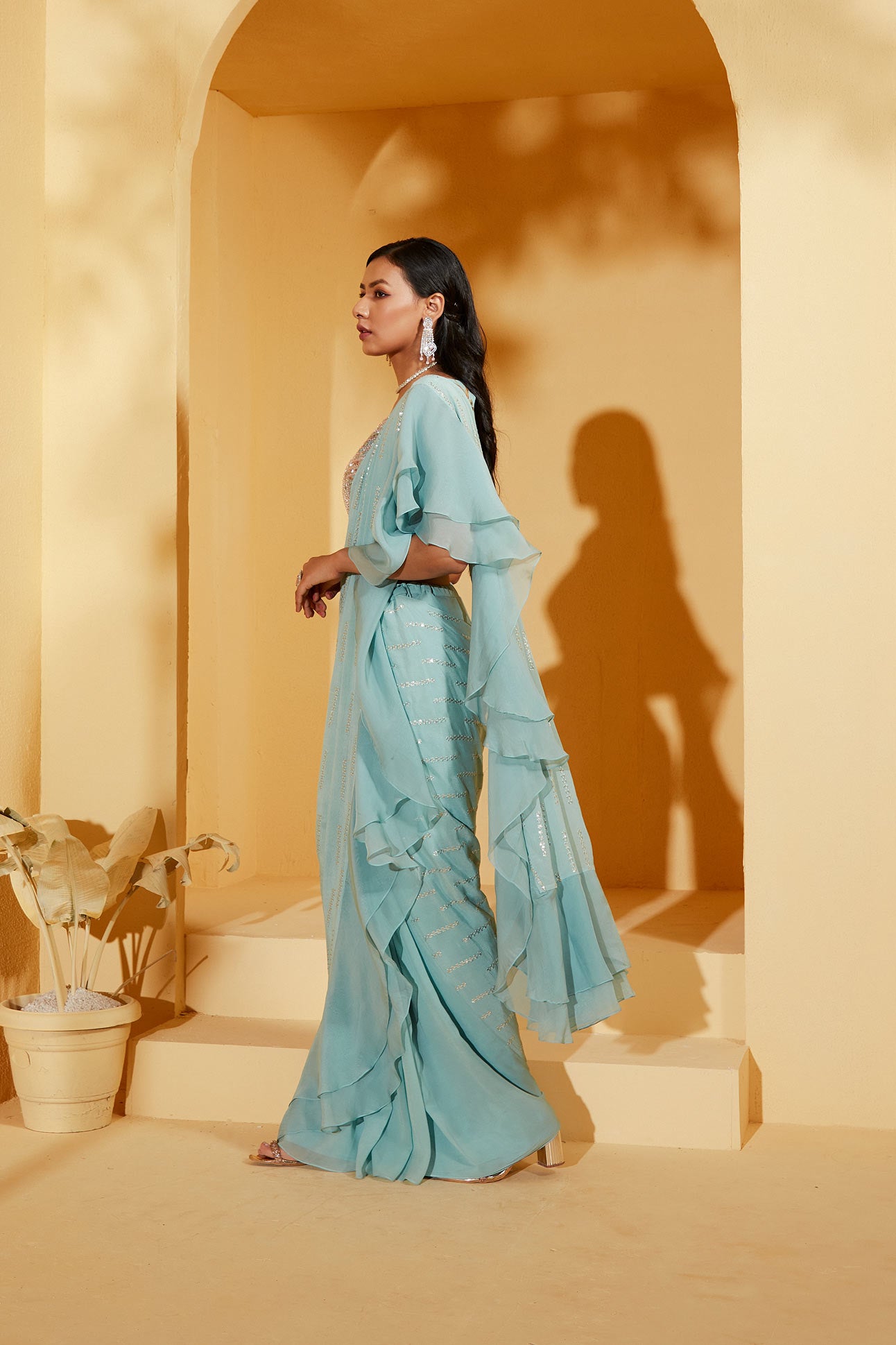 BLUE PRE DRAPE SAREE SET