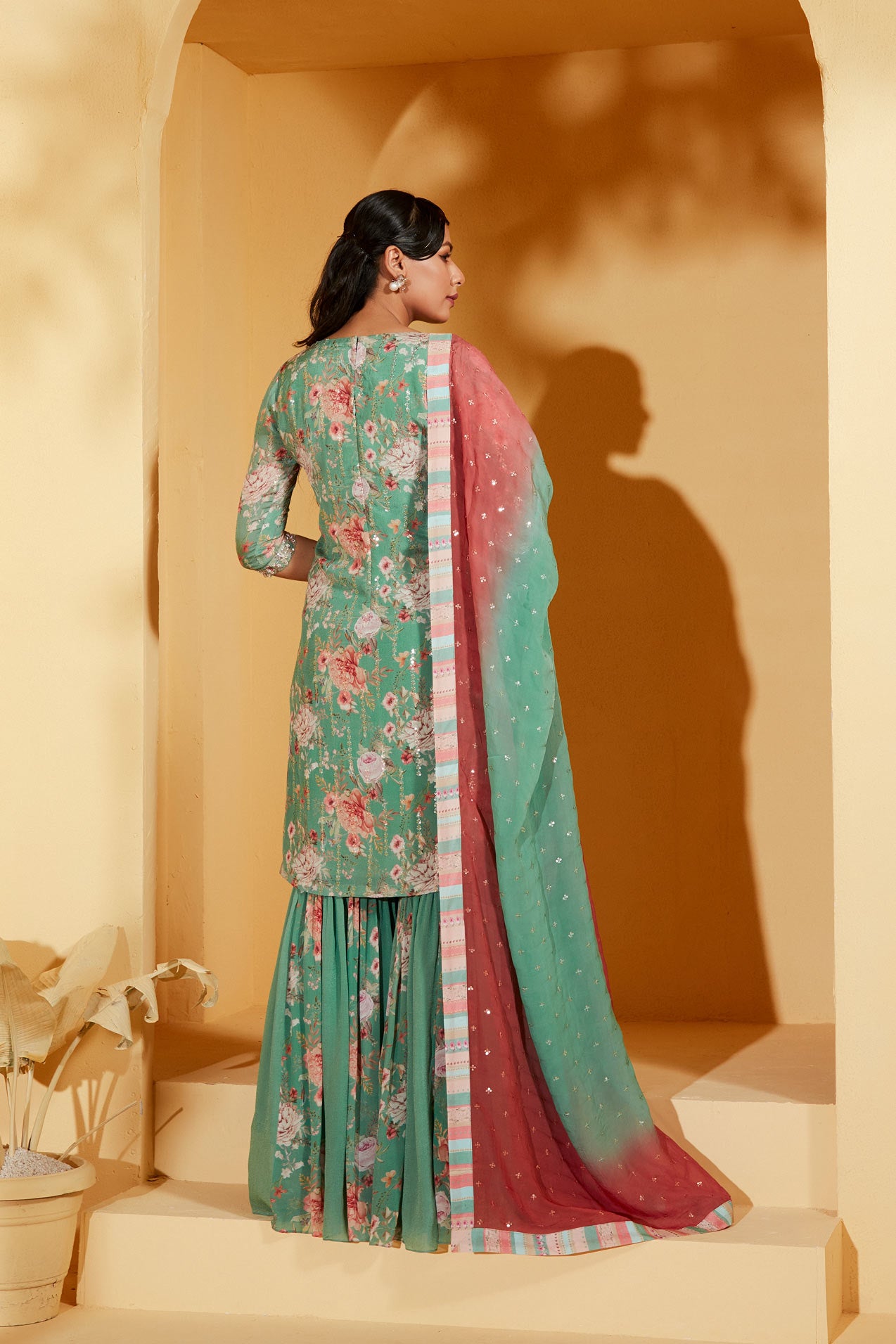 GREEN SHARARA SET WITH OMBRE DUPATTA