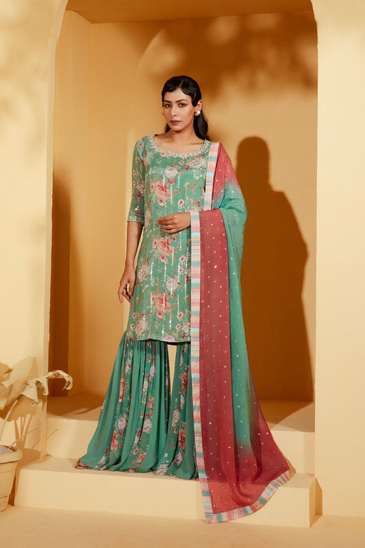 GREEN SHARARA SET WITH OMBRE DUPATTA