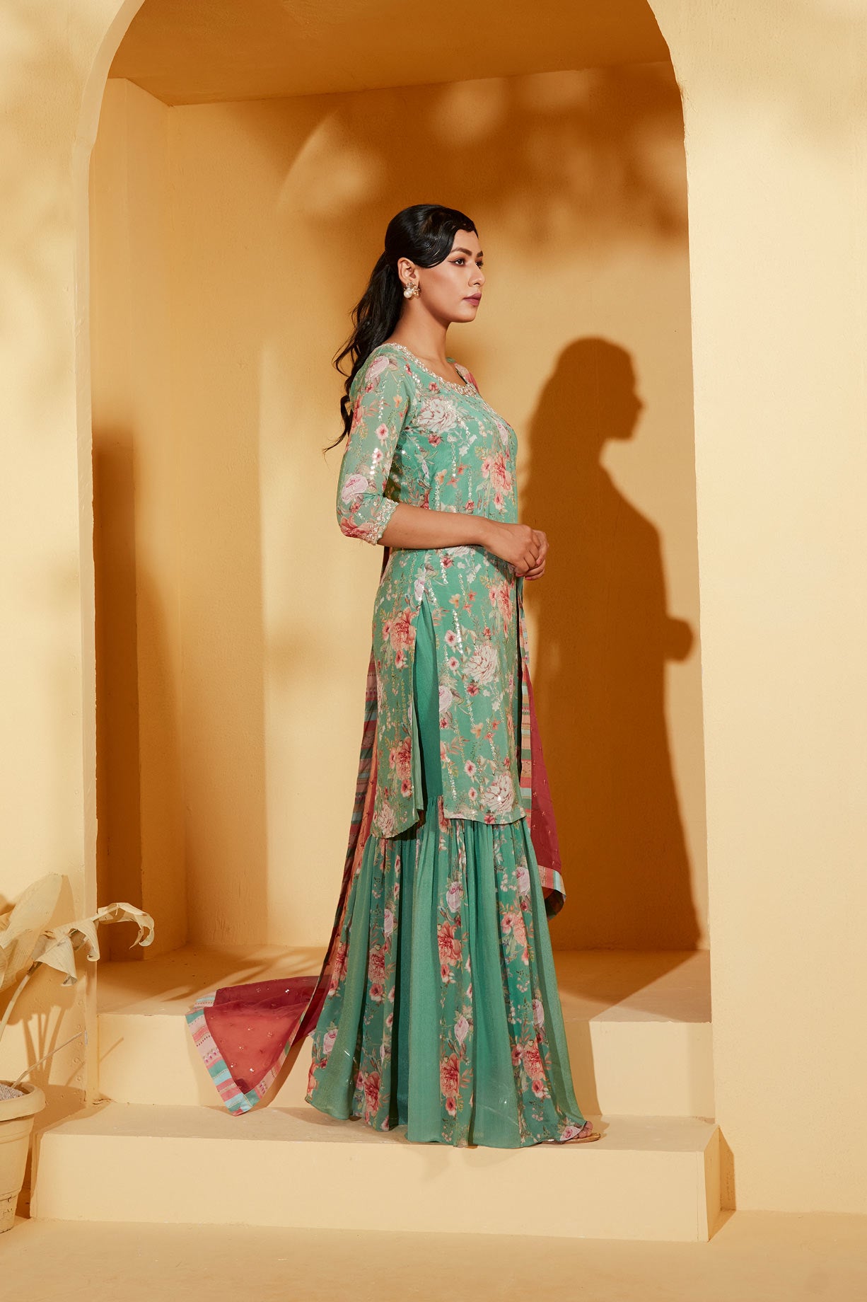 GREEN SHARARA SET WITH OMBRE DUPATTA