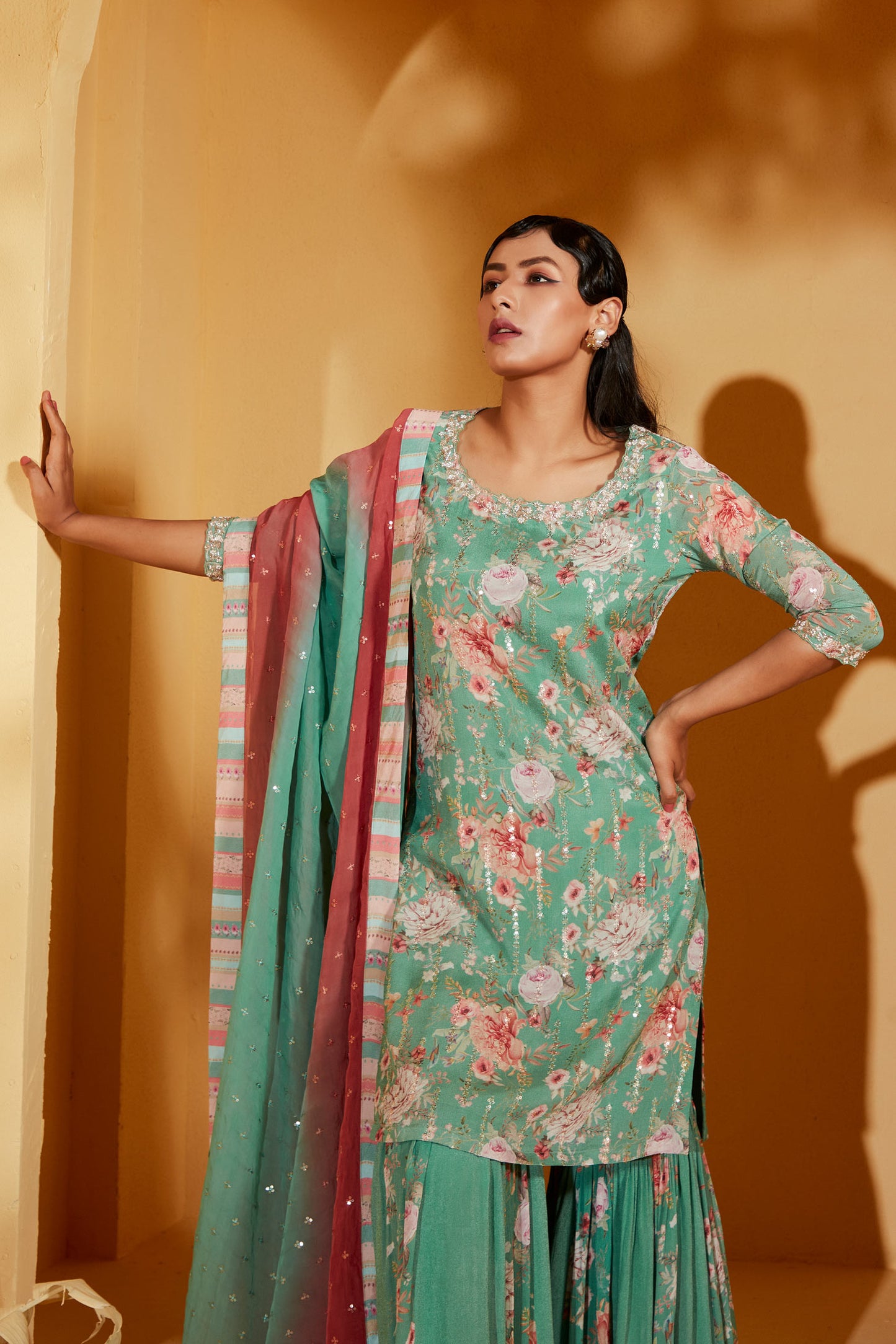 GREEN SHARARA SET WITH OMBRE DUPATTA