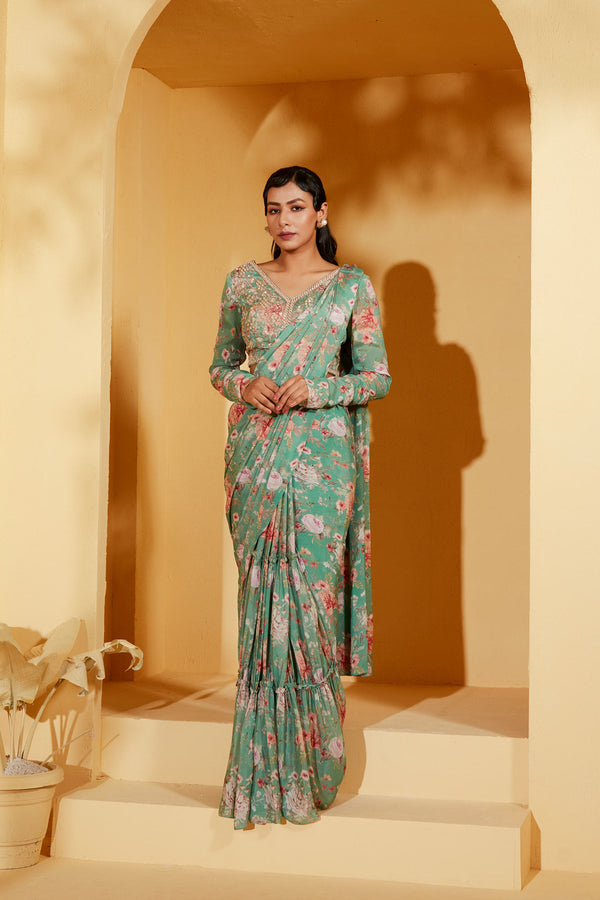 GREEN PRE DRAPE FLORAL SAREE