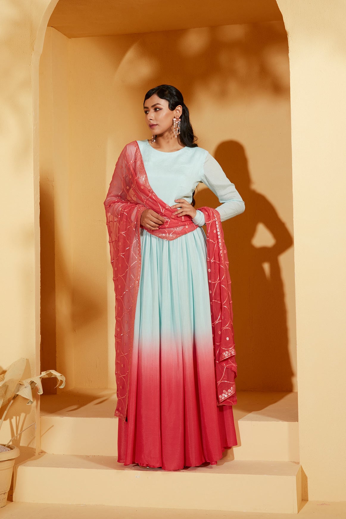 LIGHT BLUE OMBRE ANARKALI SUIT SET