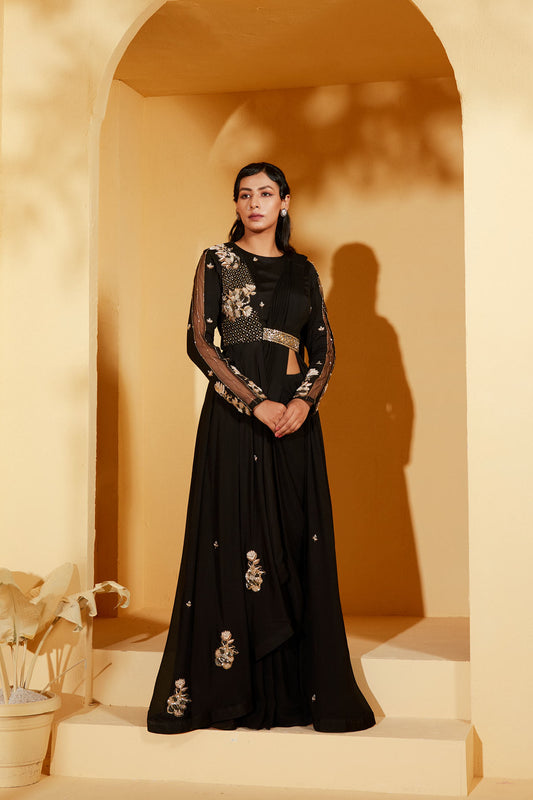 BLACK PRE DRAPE JACKET SAREE