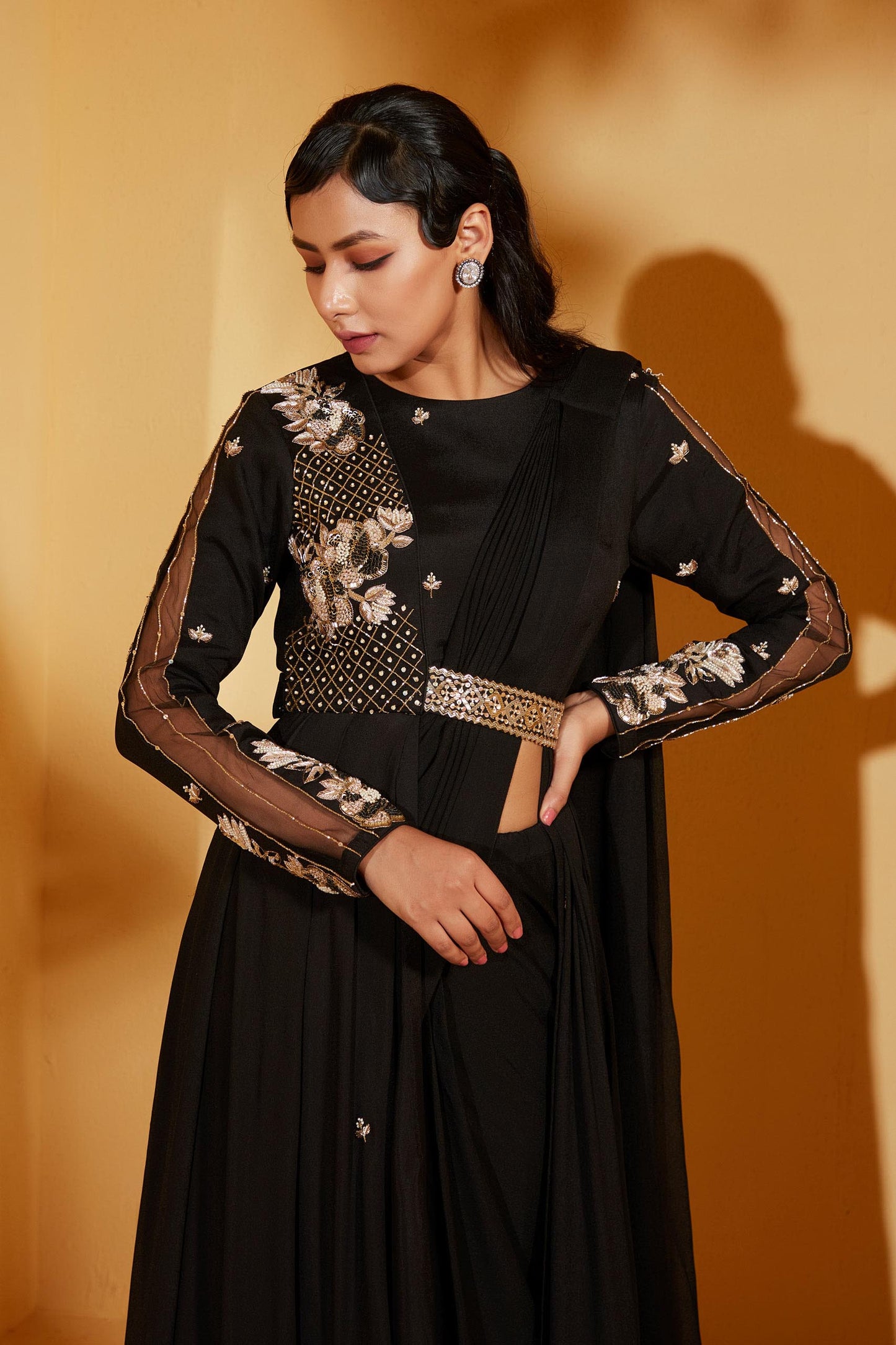 BLACK PRE DRAPE JACKET SAREE