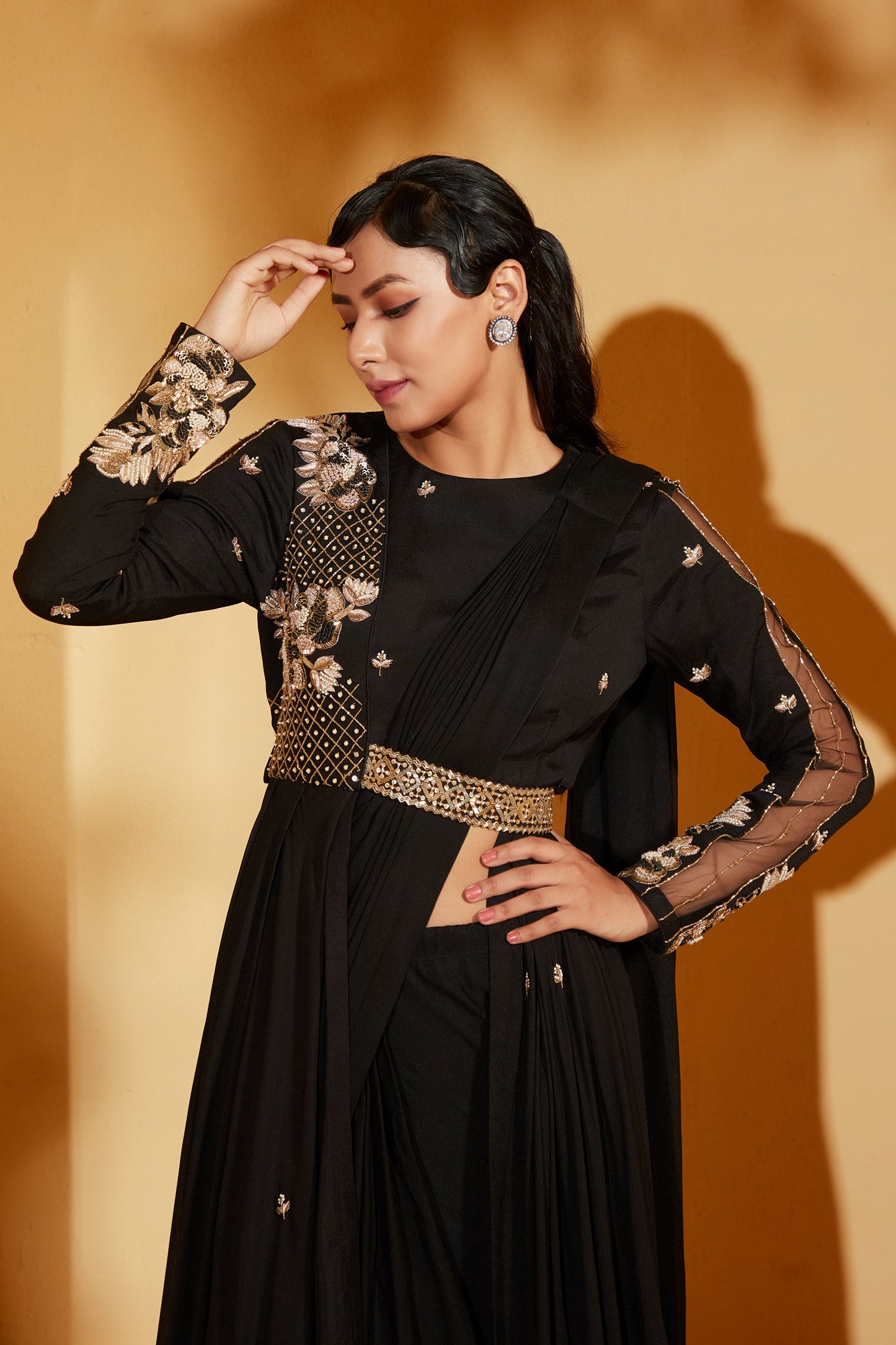 BLACK PRE DRAPE JACKET SAREE