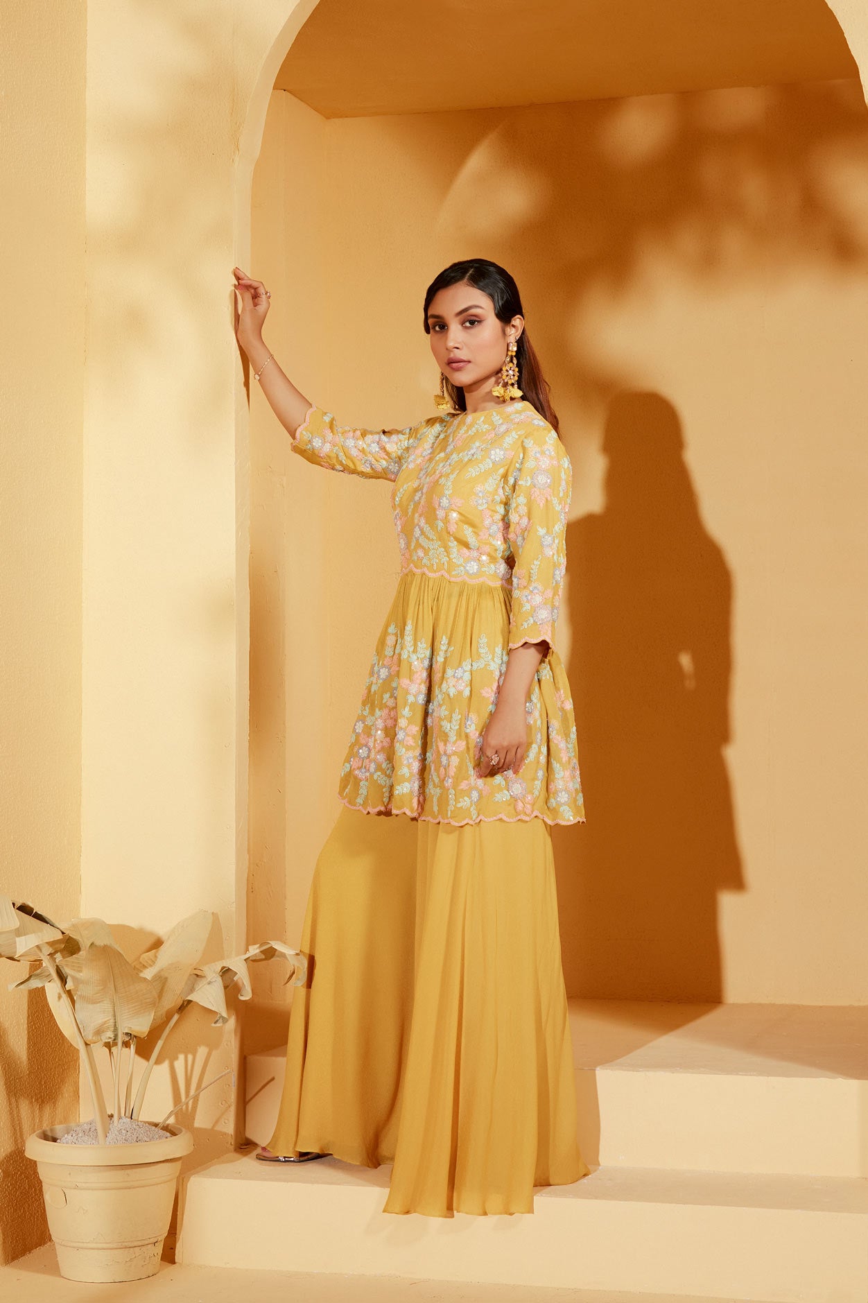 Mustard thread work peplum set