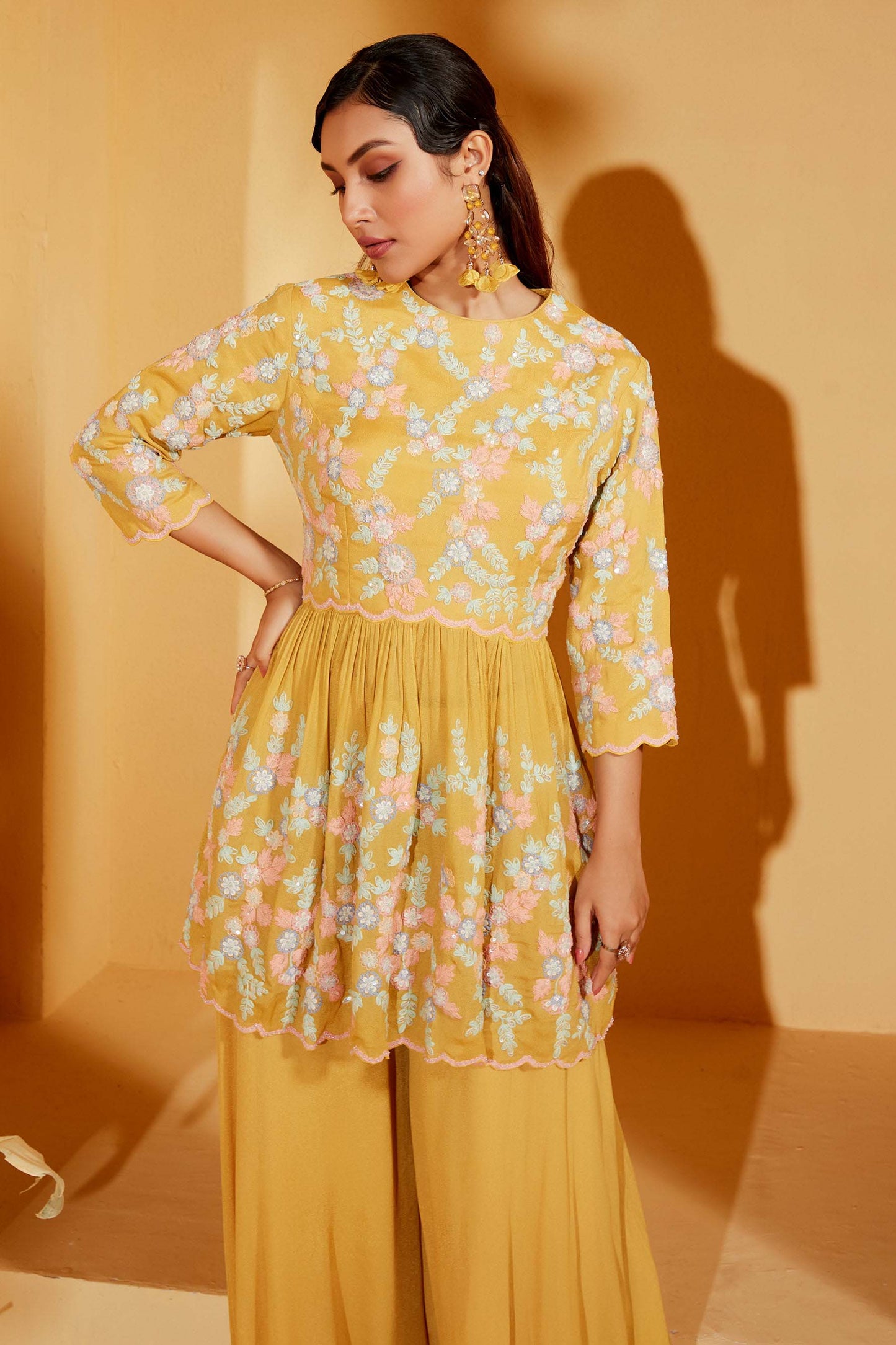 Mustard thread work peplum set