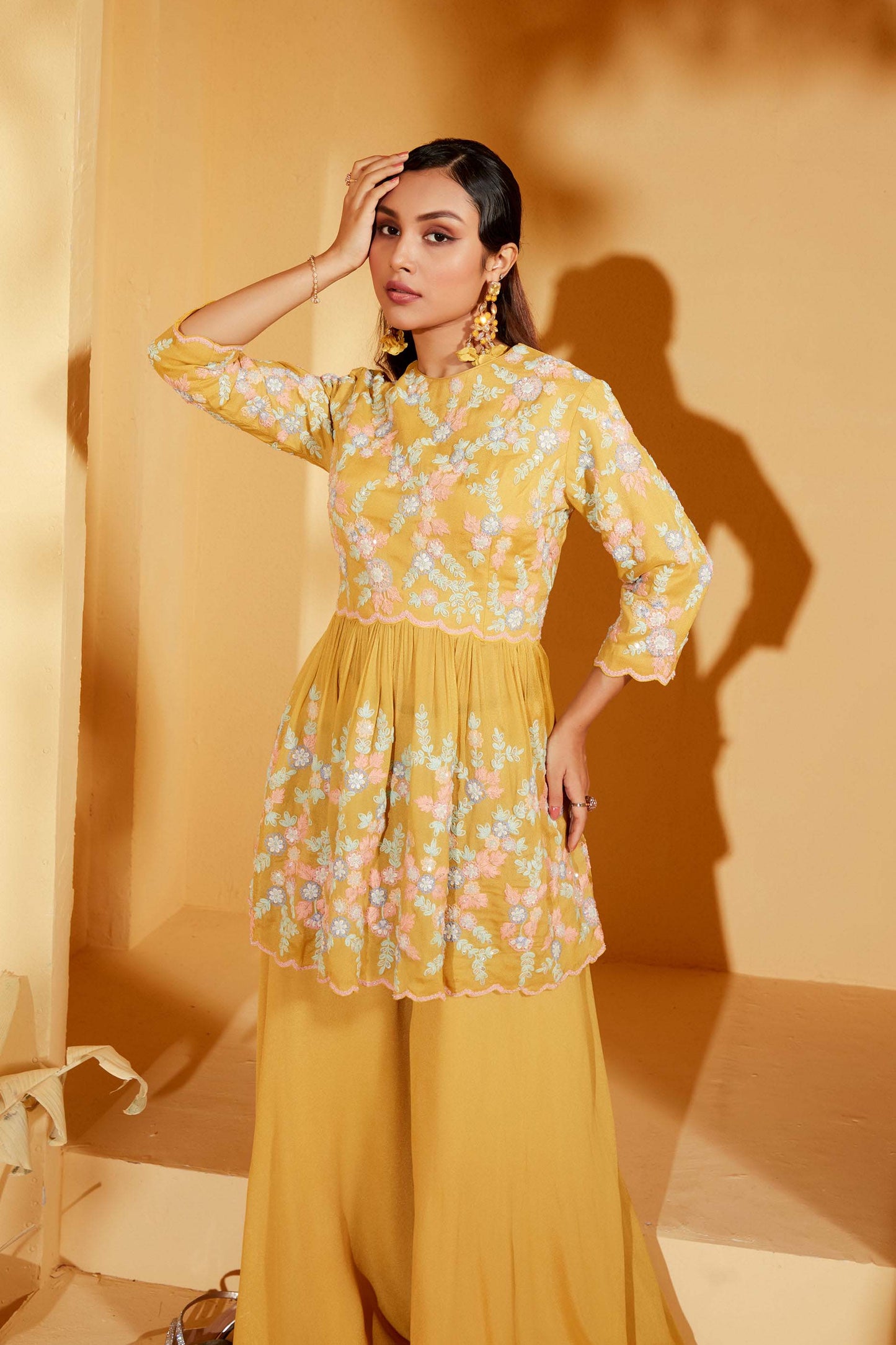 Mustard thread work peplum set