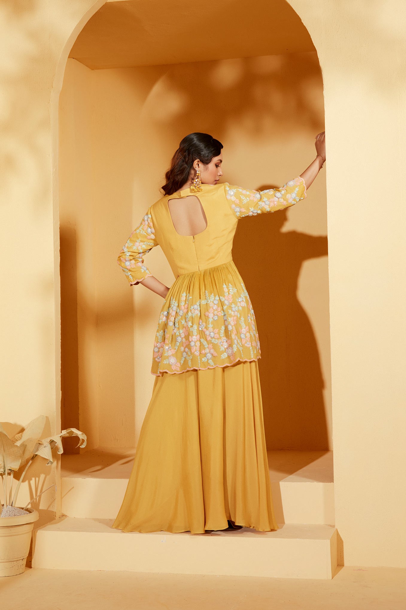 Mustard thread work peplum set