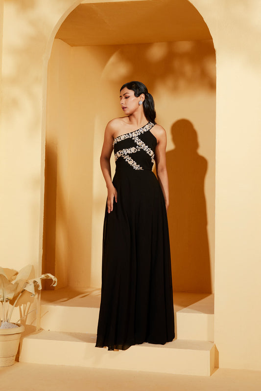 One shoulder black gown