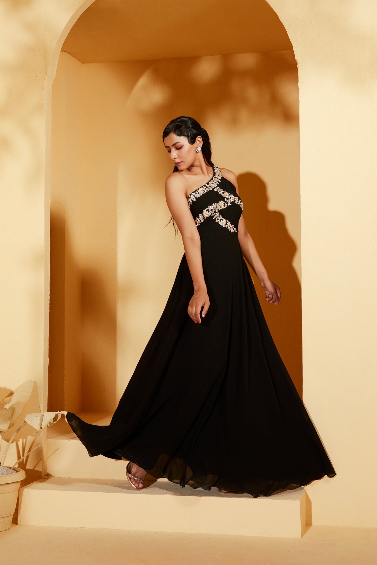 One shoulder black gown