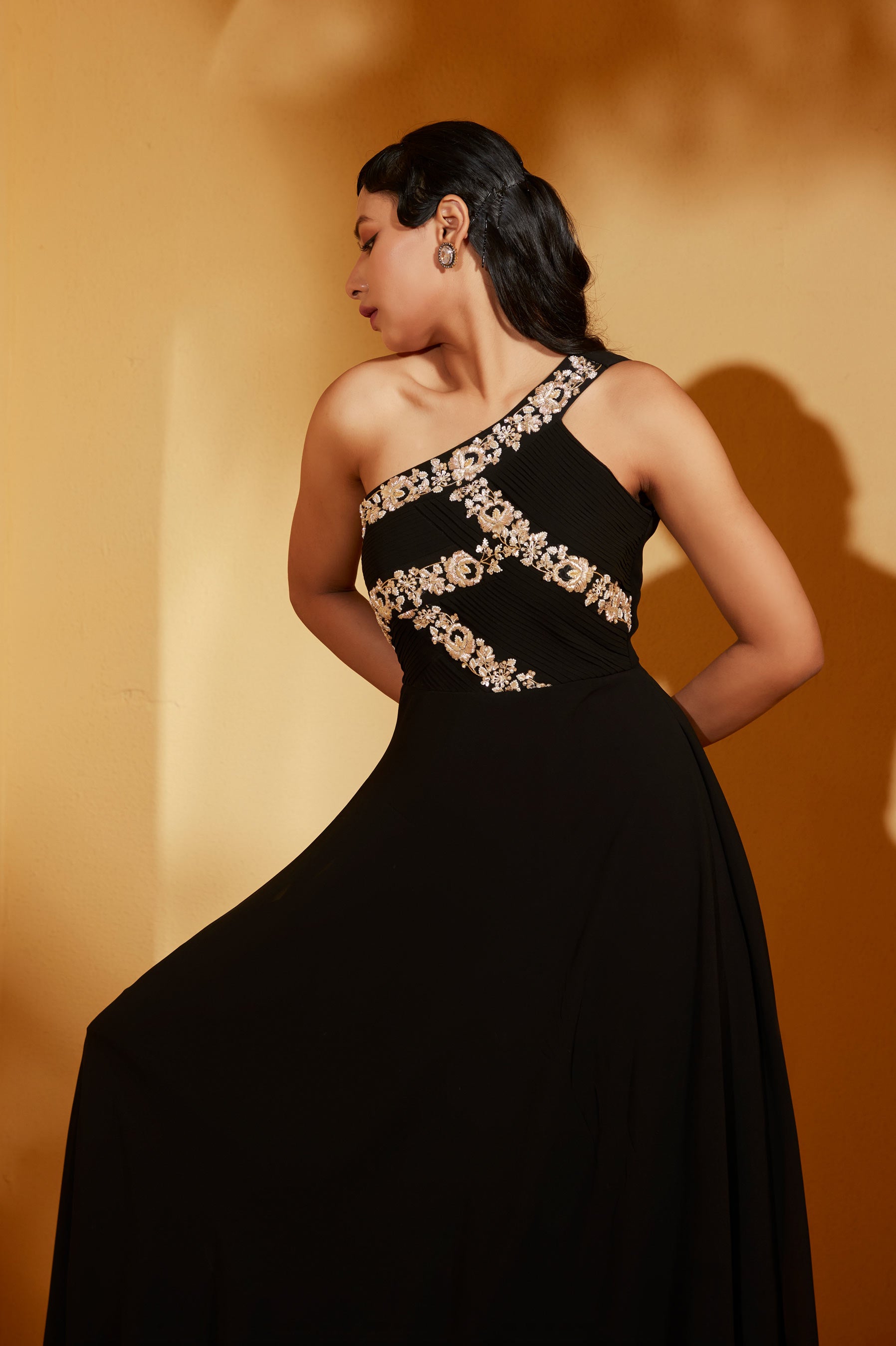 One shoulder black gown