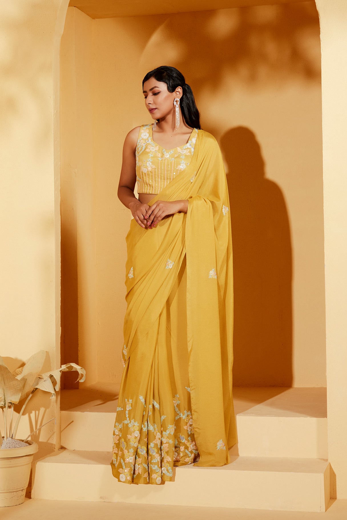 MUSTARD THREAD WORK SAREE