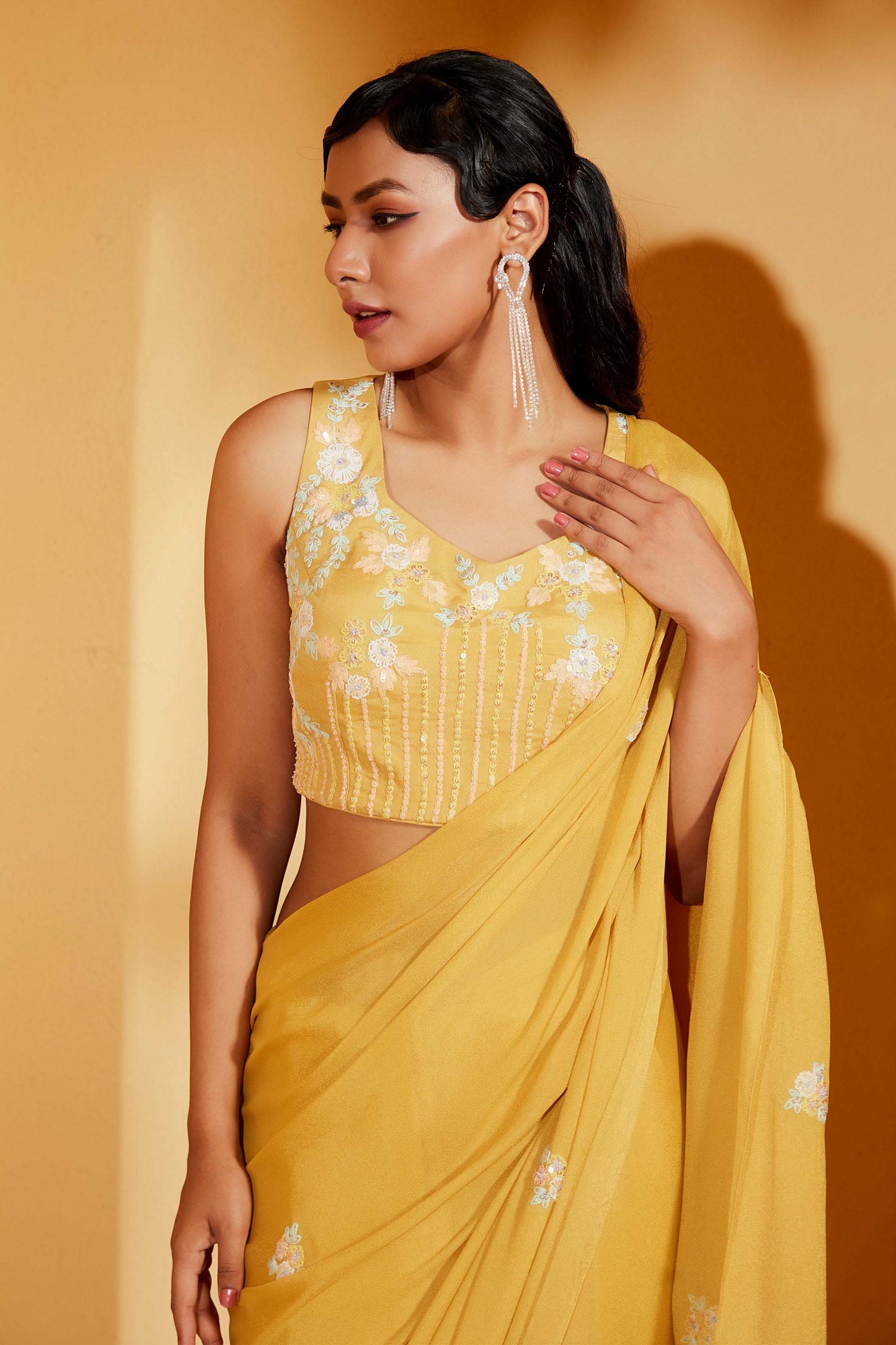 MUSTARD THREAD WORK SAREE