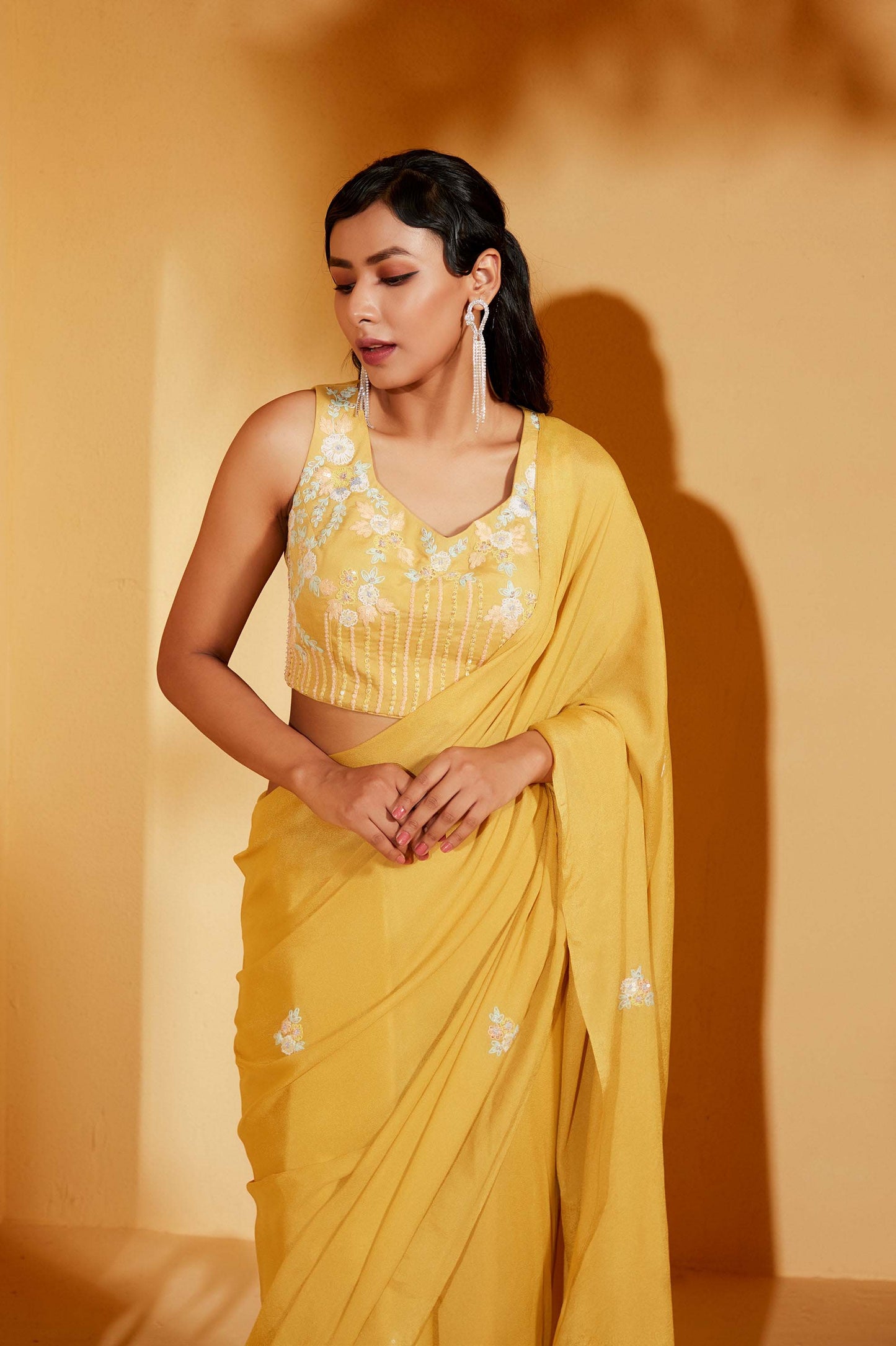 MUSTARD THREAD WORK SAREE