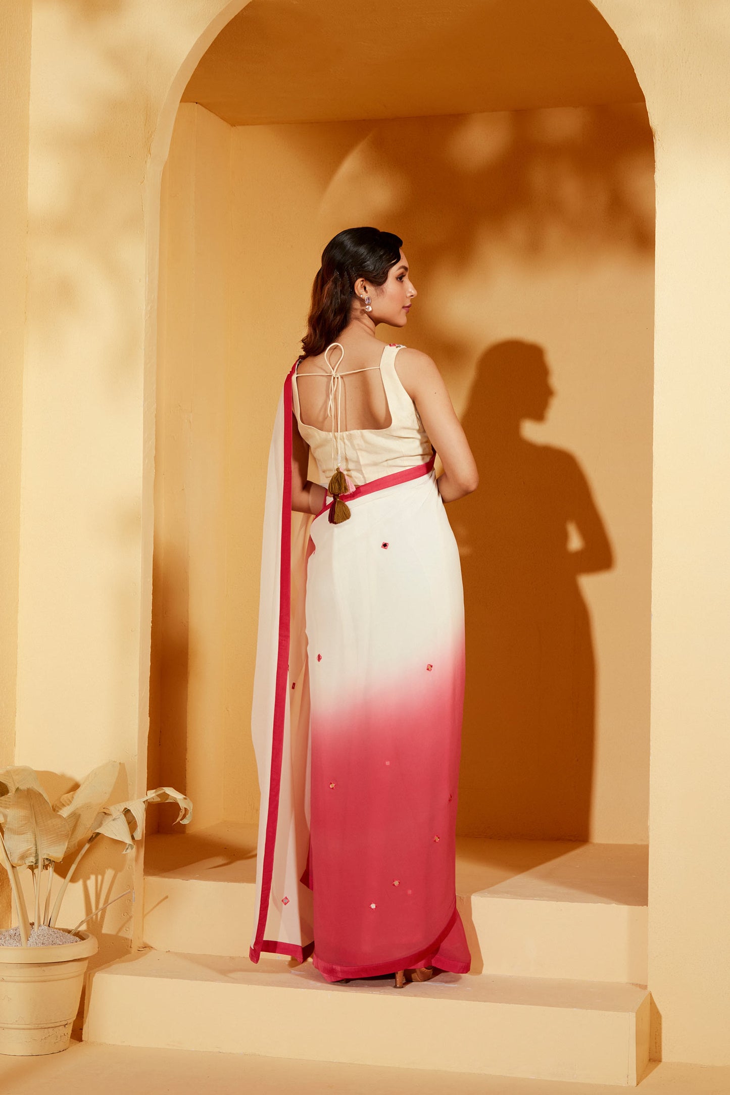 OFF WHITE AND PINK OMBRE SAREE SET