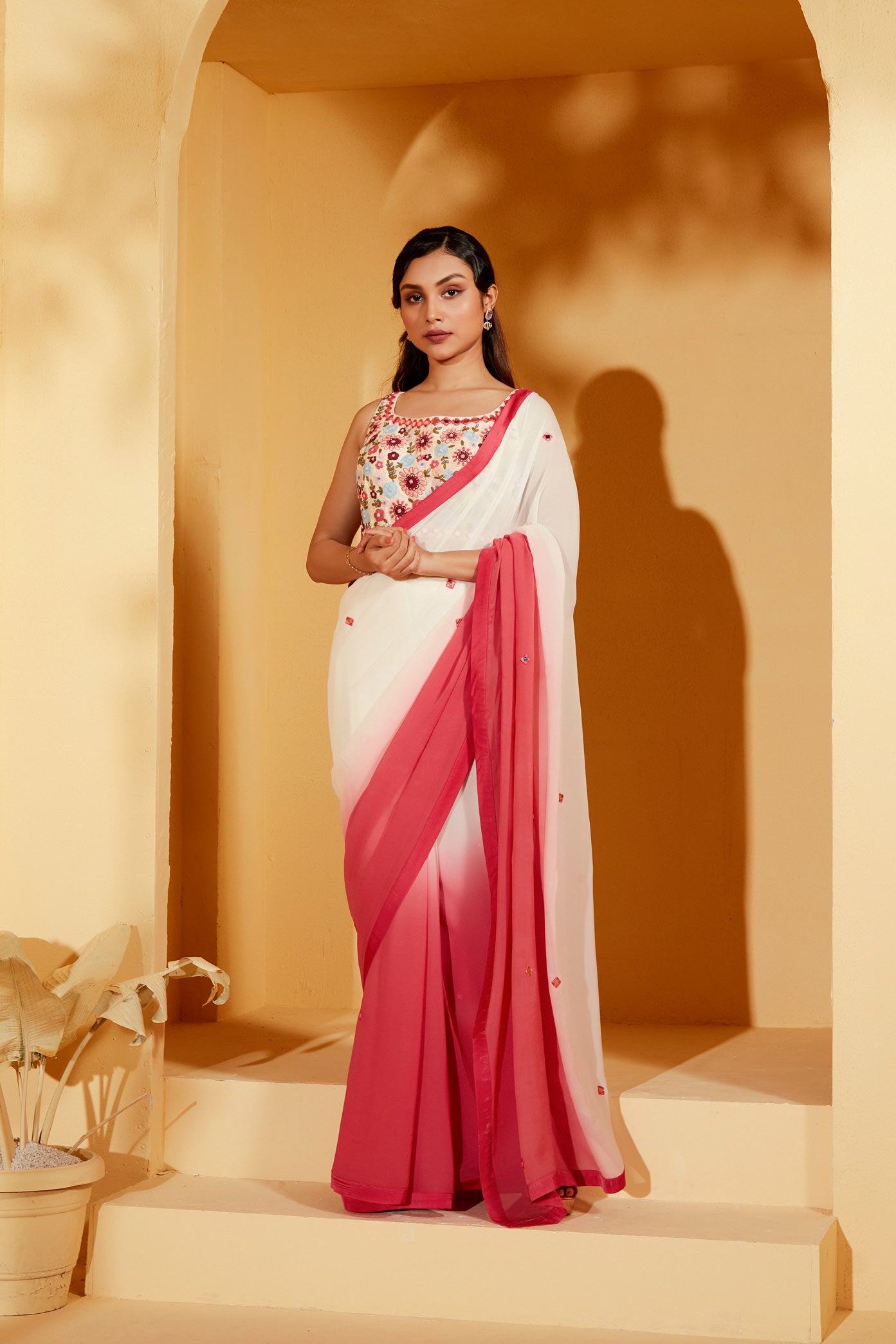 OFF WHITE AND PINK OMBRE SAREE SET