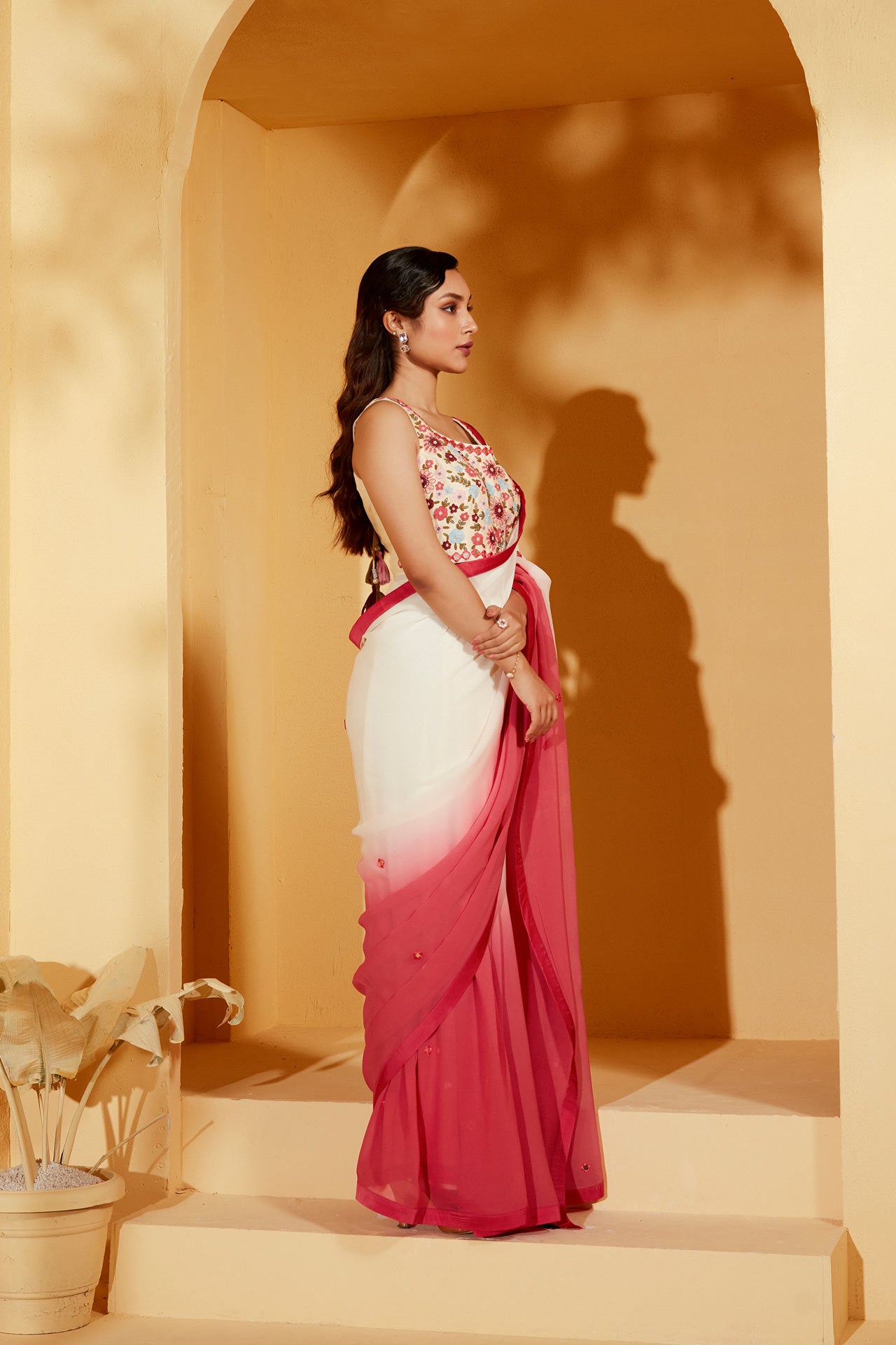 OFF WHITE AND PINK OMBRE SAREE SET