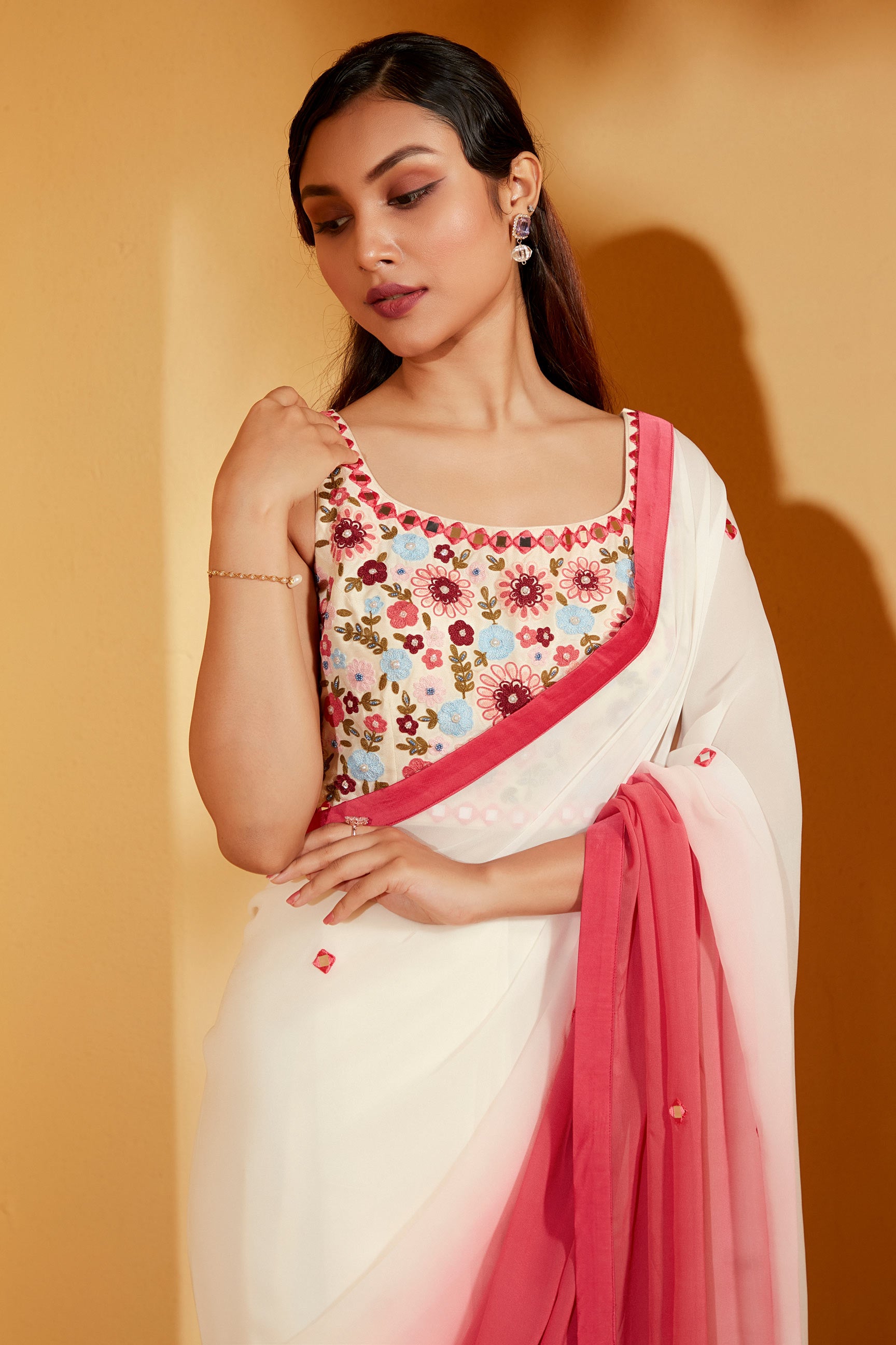 OFF WHITE AND PINK OMBRE SAREE SET