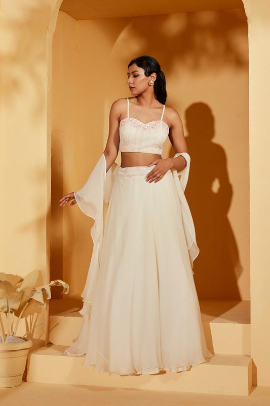 WHITE LEHENGA SET WITH RUFFLE