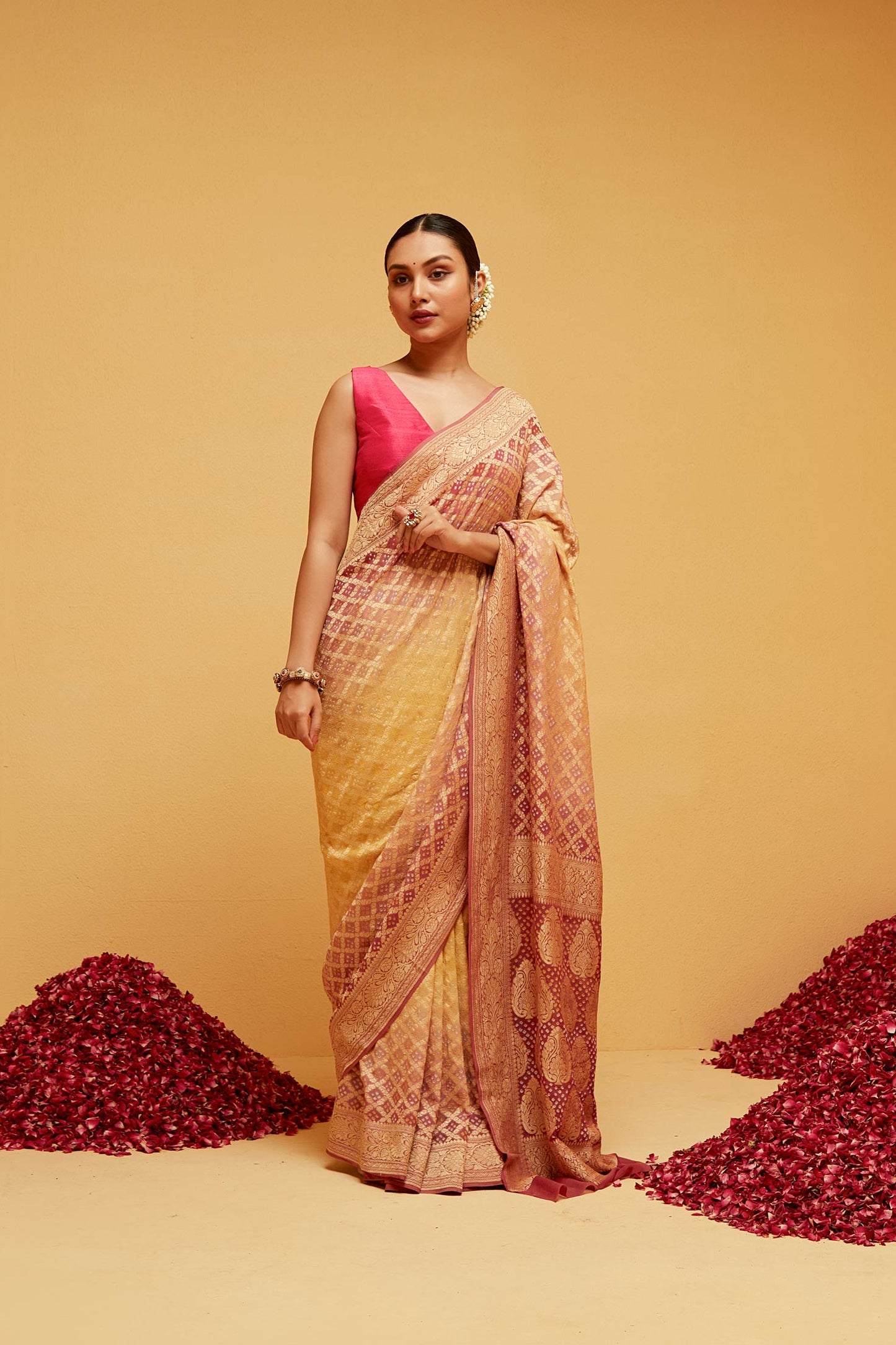 Maroon yellow banarasee saree