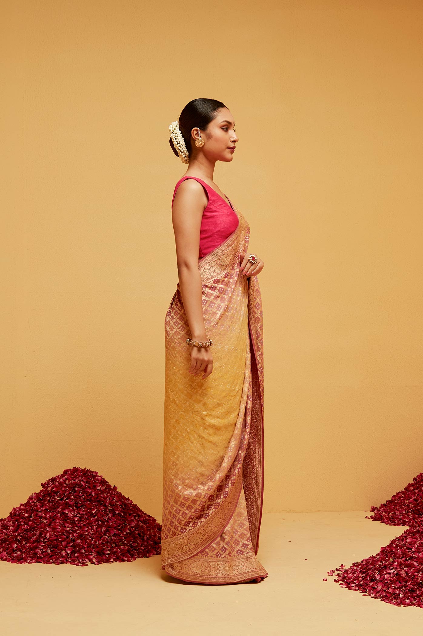 Maroon yellow banarasee saree