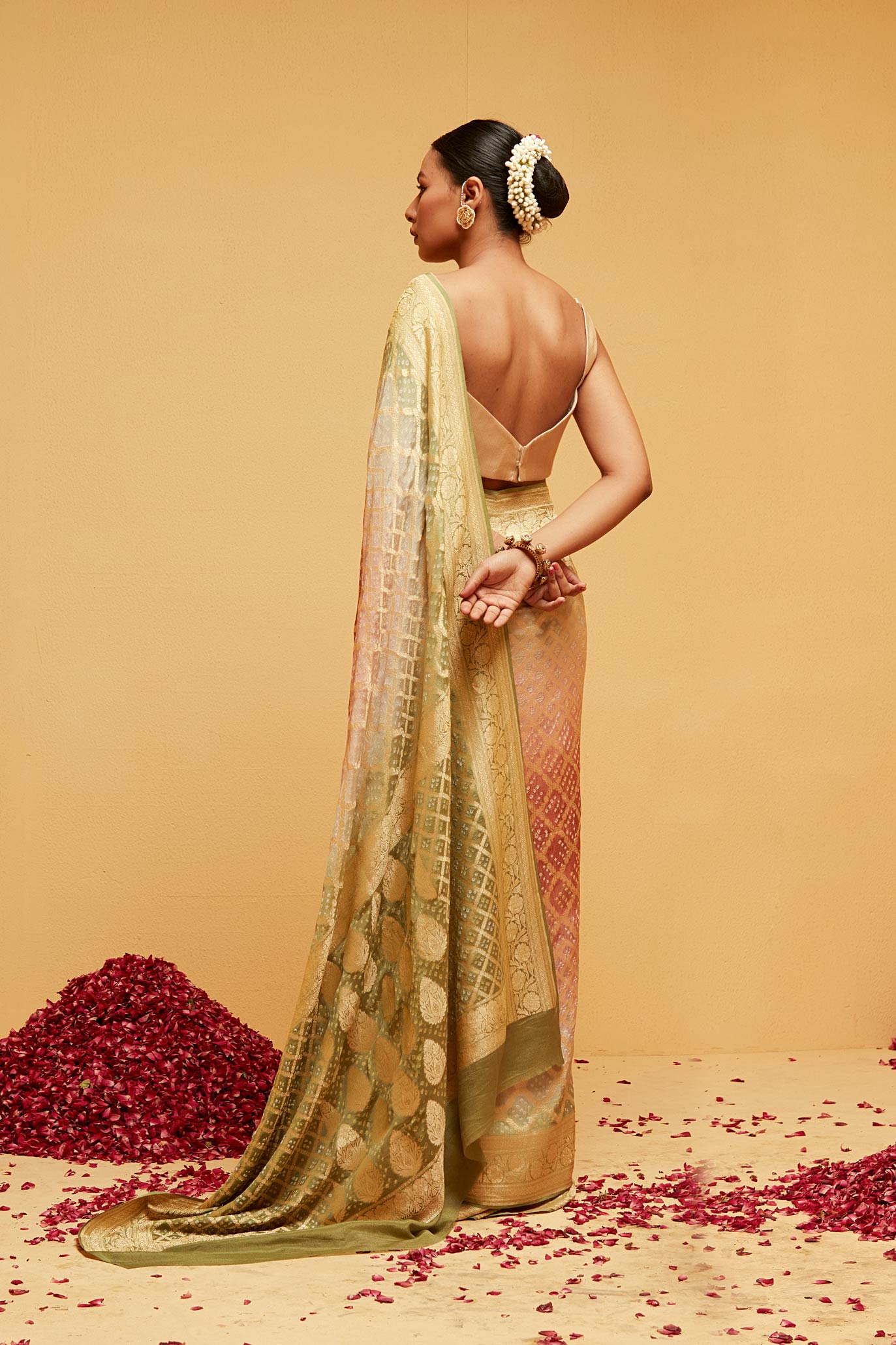 GREEN PEACH Traditional bandhani banarasee saree