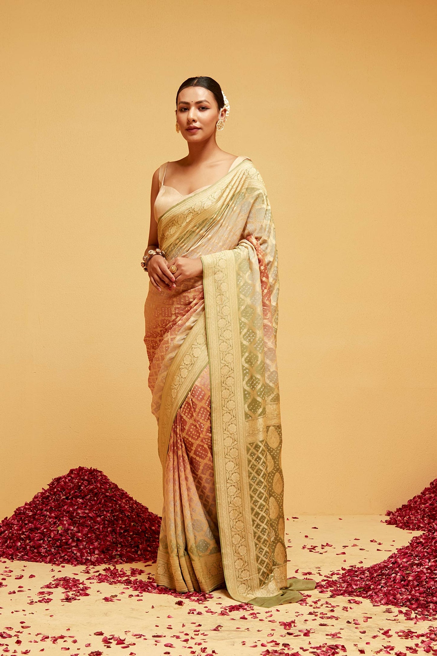 GREEN PEACH Traditional bandhani banarasee saree