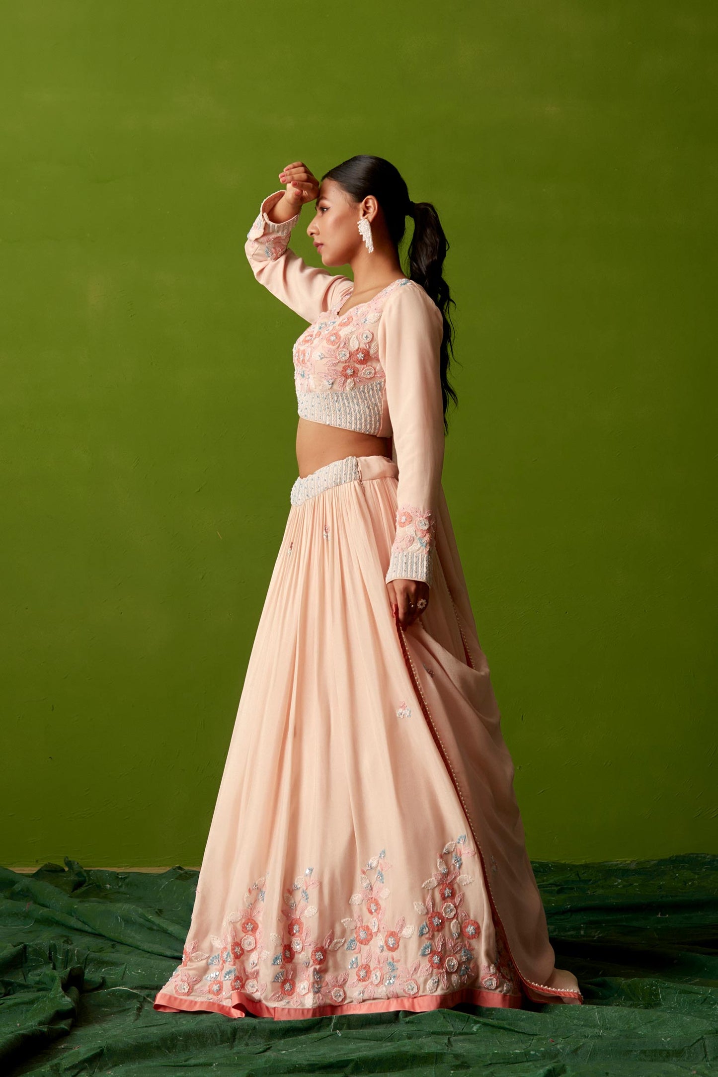 LIGHT PEACH THREAD WORK LEHENGA SET