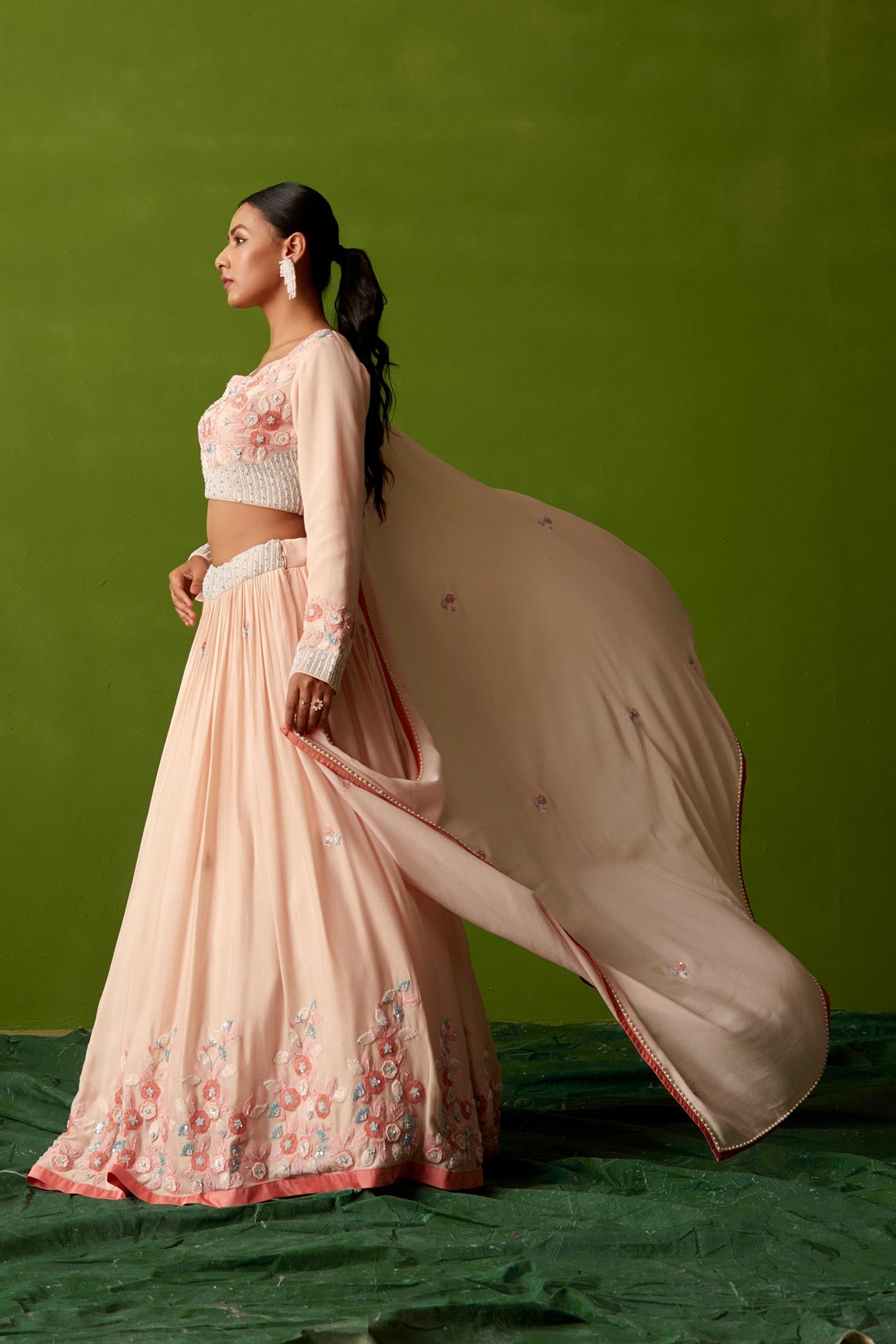 LIGHT PEACH THREAD WORK LEHENGA SET