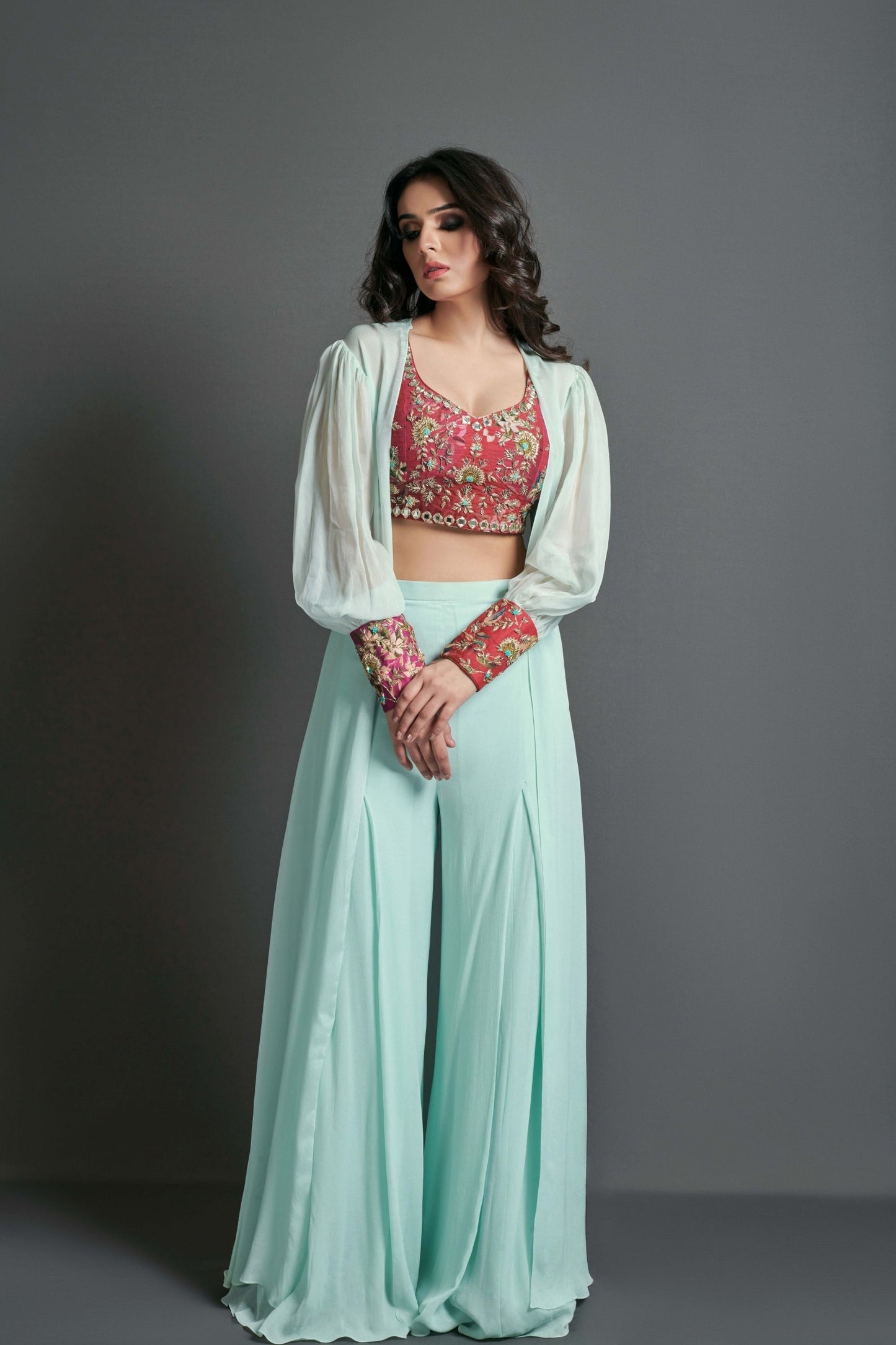 Powder blue and coral jacket set