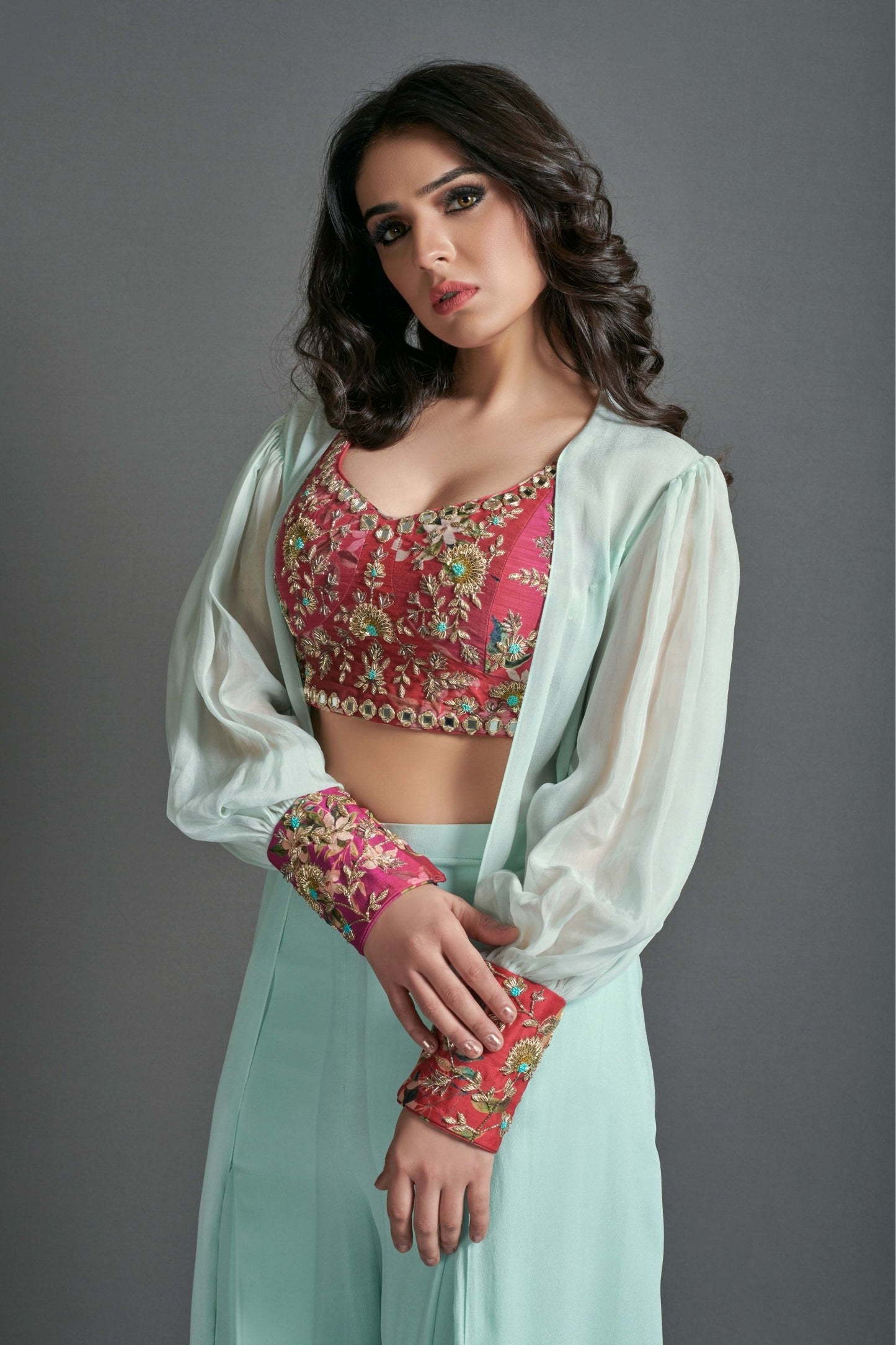 Powder blue and coral jacket set