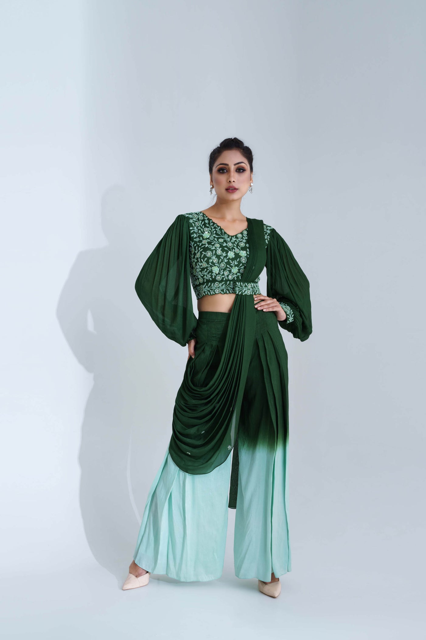 Green & Sea Green Pant Saree Set
