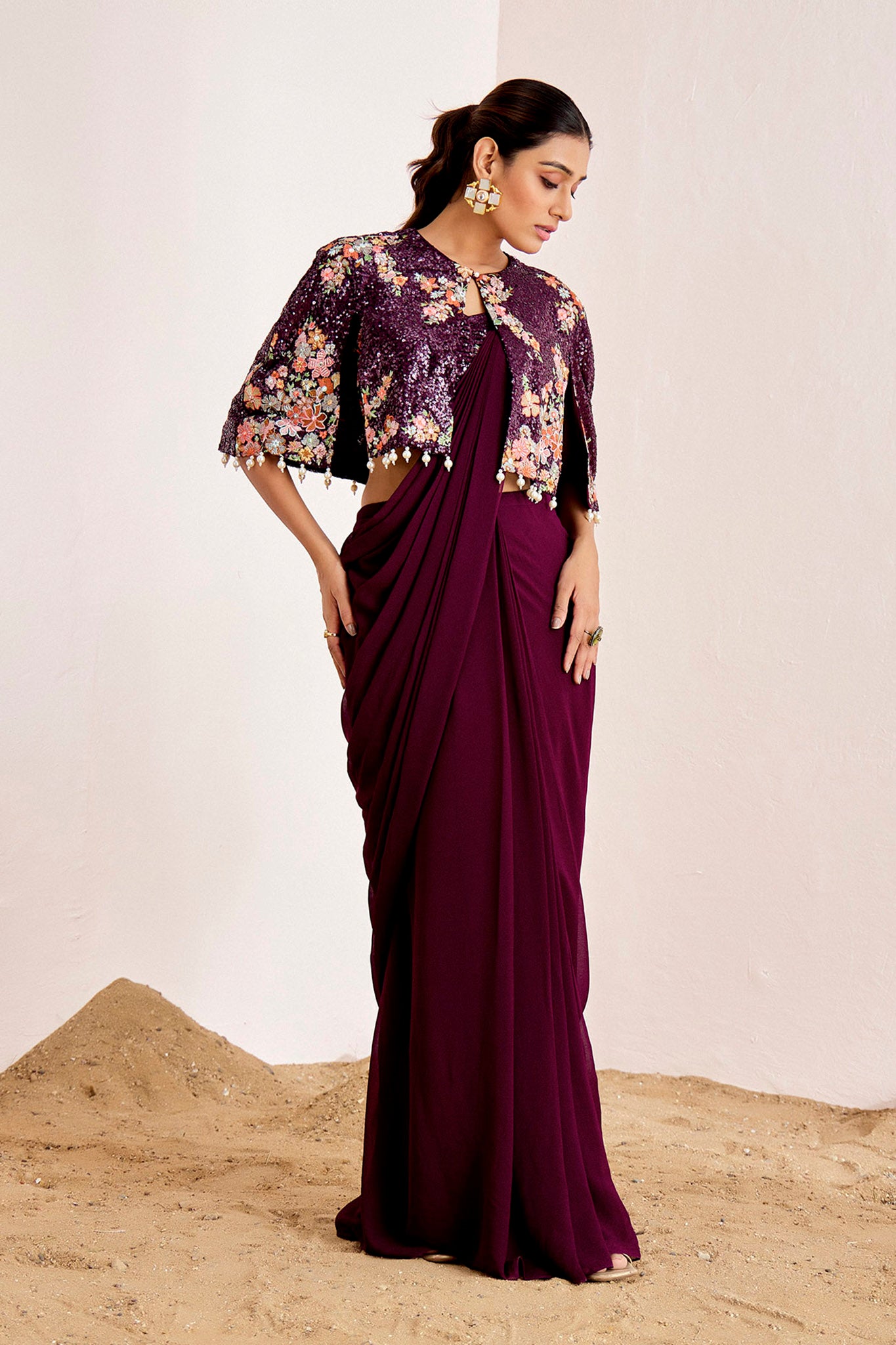 WINE PRE DRAPED CAPE SAREE