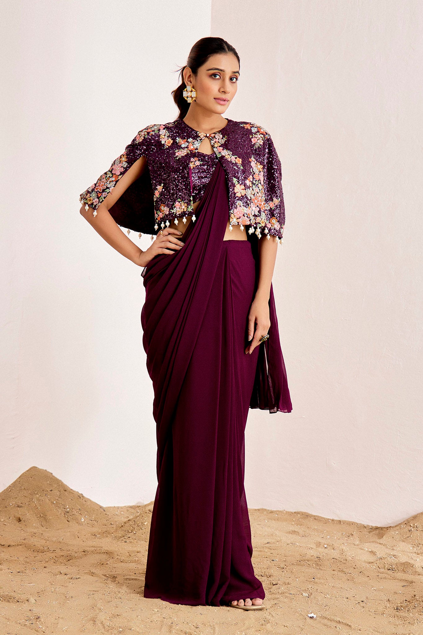 WINE PRE DRAPED CAPE SAREE