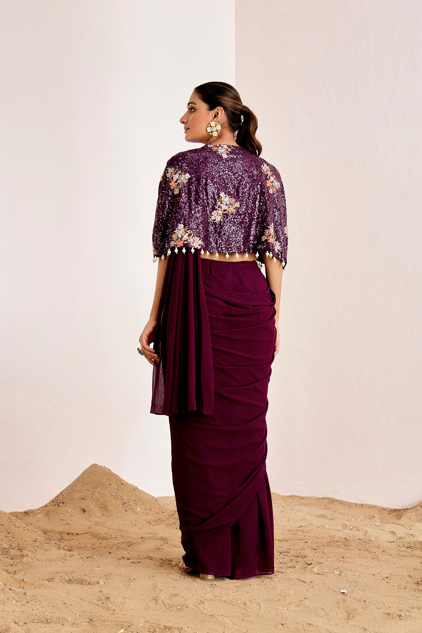 WINE PRE DRAPED CAPE SAREE