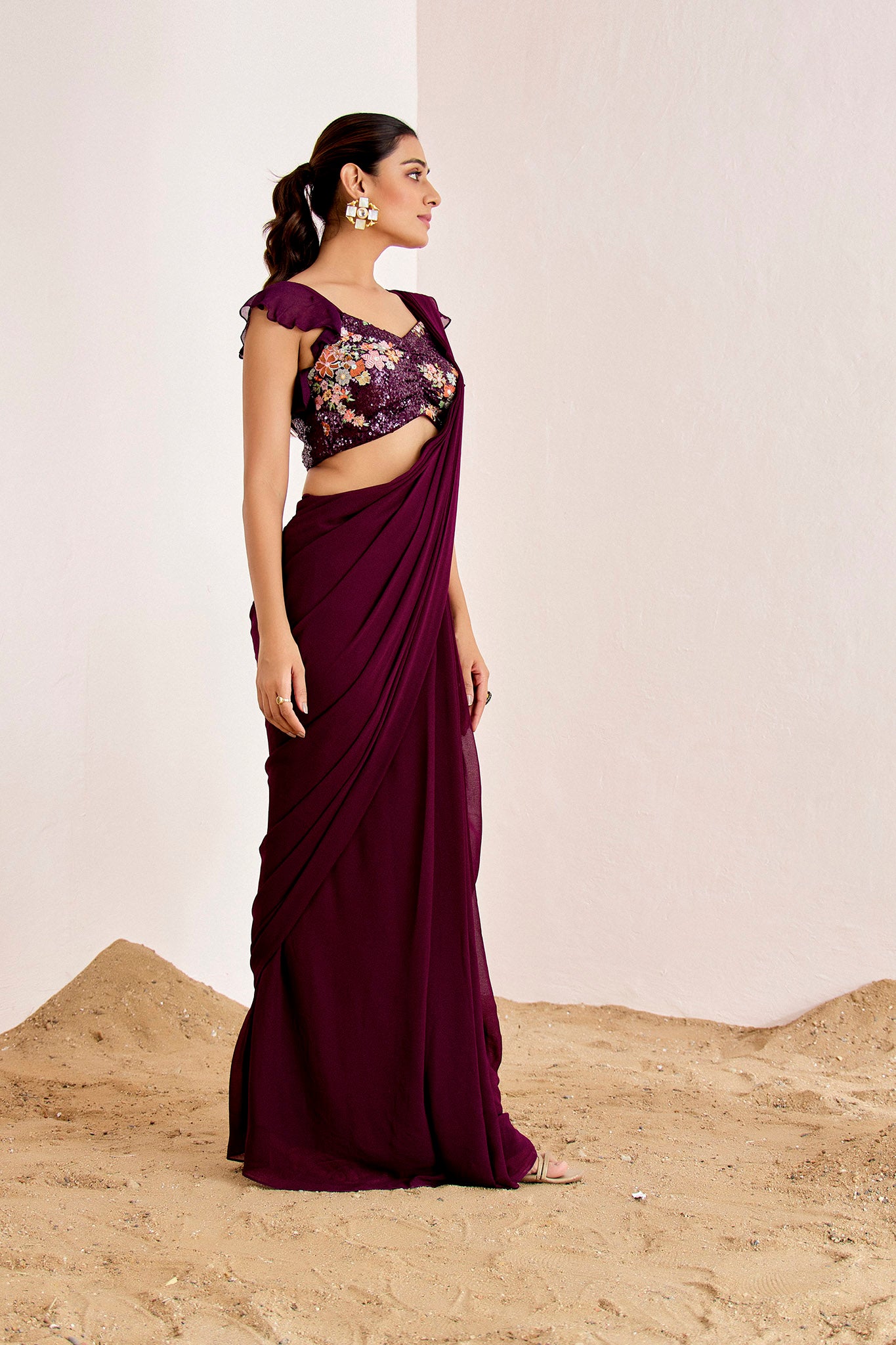 WINE PRE DRAPE RUFFLE SAREE