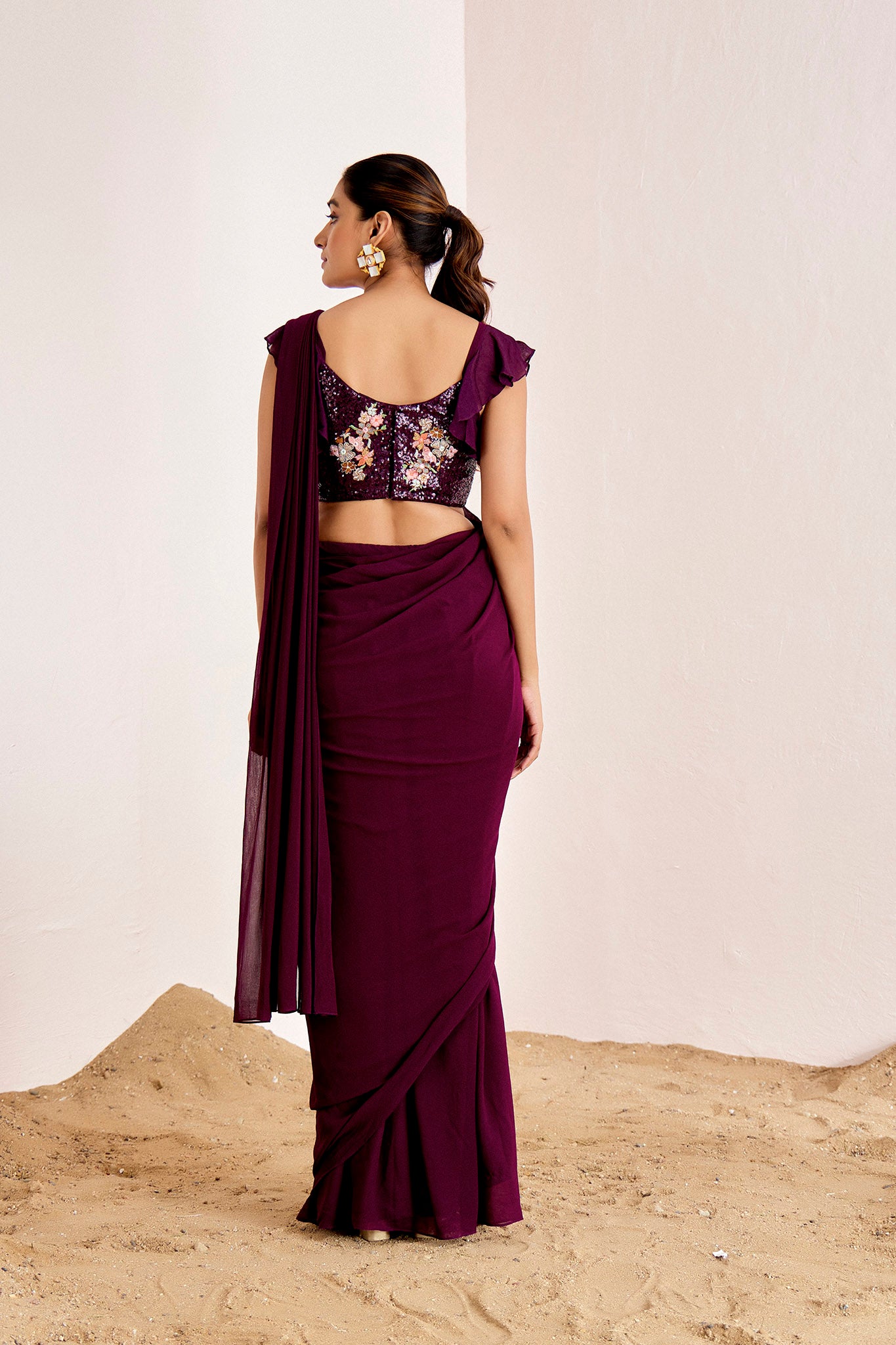 WINE PRE DRAPE RUFFLE SAREE