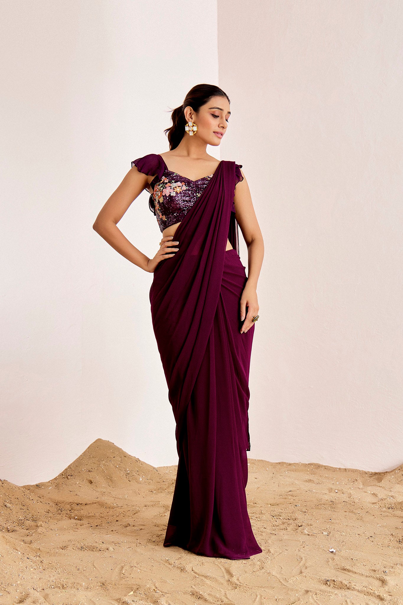 WINE PRE DRAPE RUFFLE SAREE