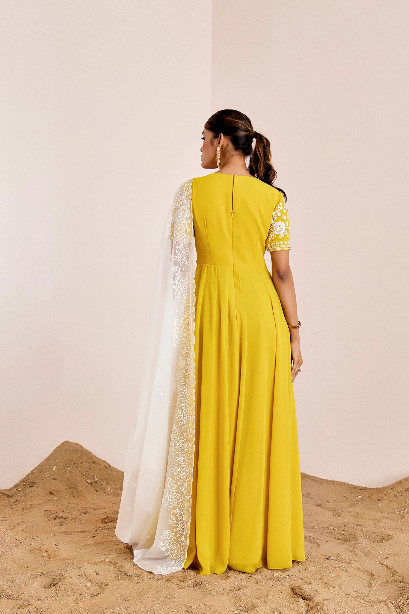 YELLOW ANARKALI WITH OFF WHITE DUPATTA