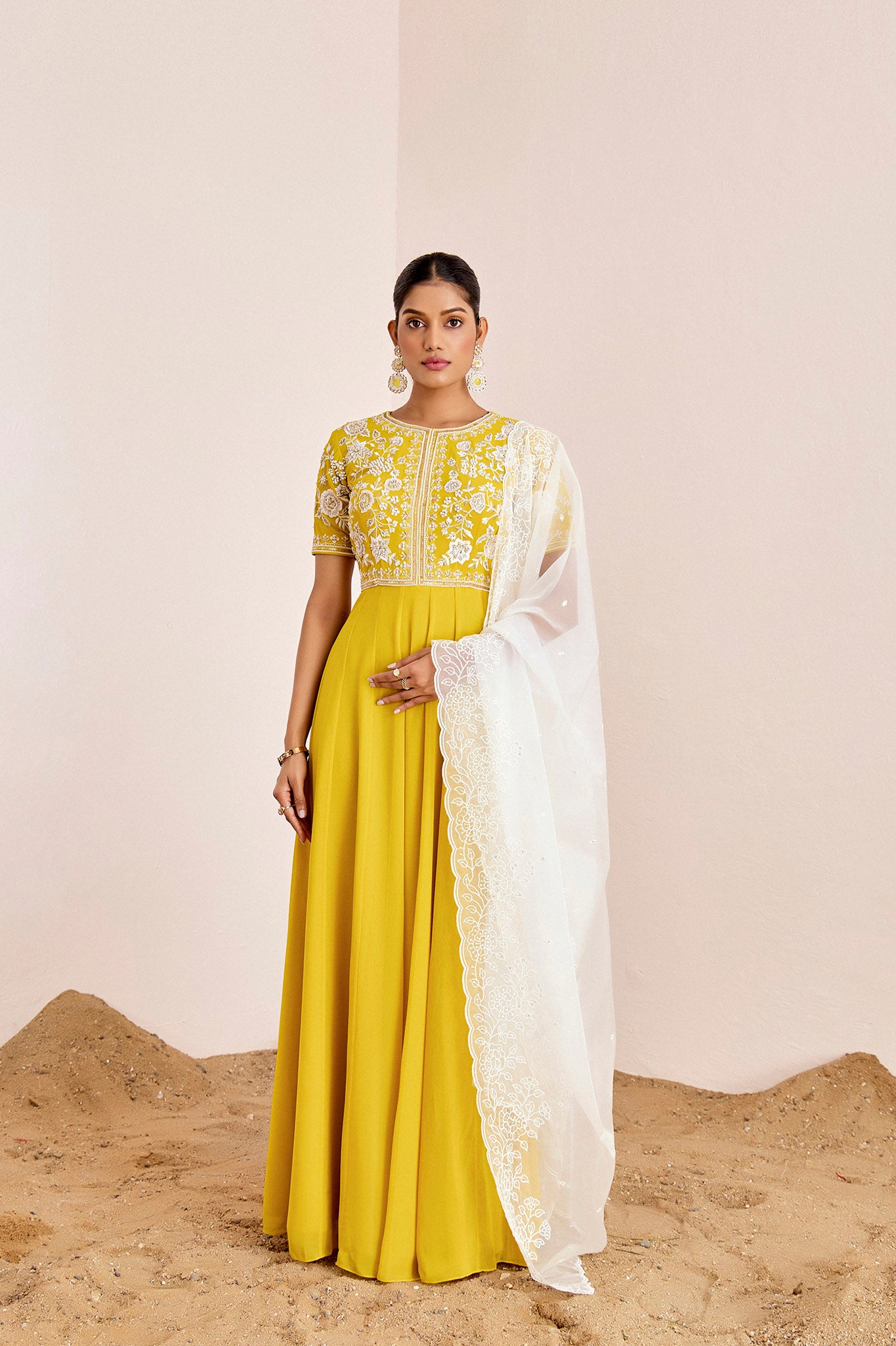 YELLOW ANARKALI WITH OFF WHITE DUPATTA