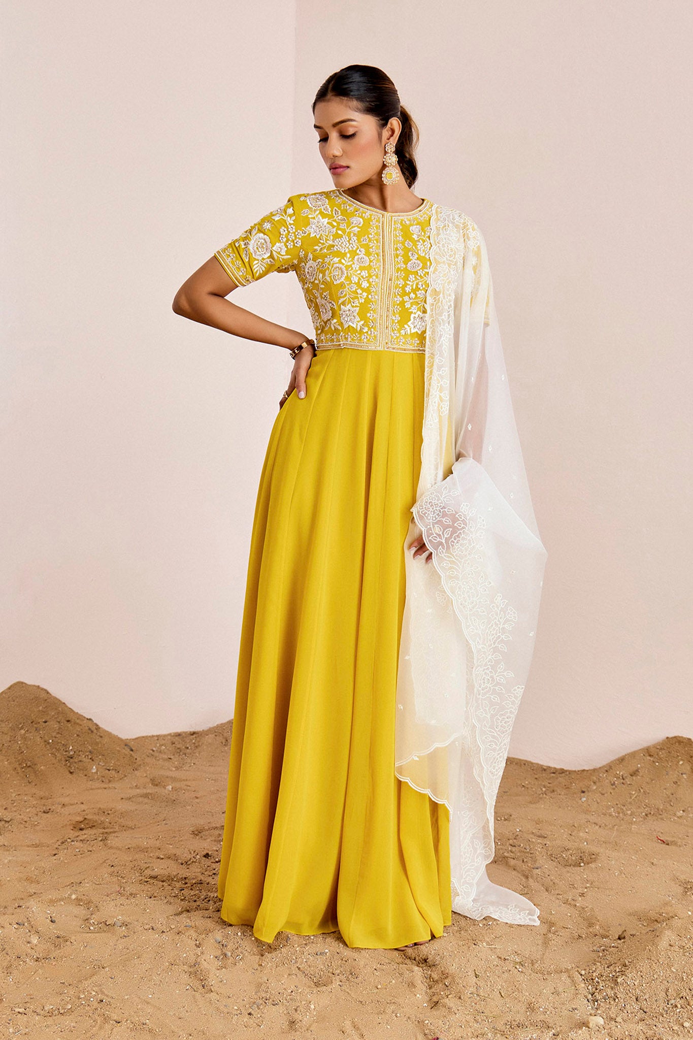 YELLOW ANARKALI WITH OFF WHITE DUPATTA