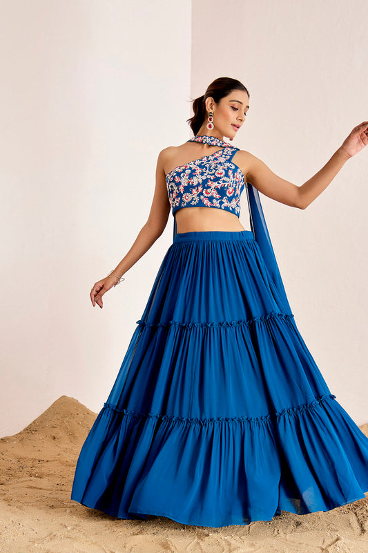 BLUE ONE SHOULDER THREE TIRED LEHENGA SET