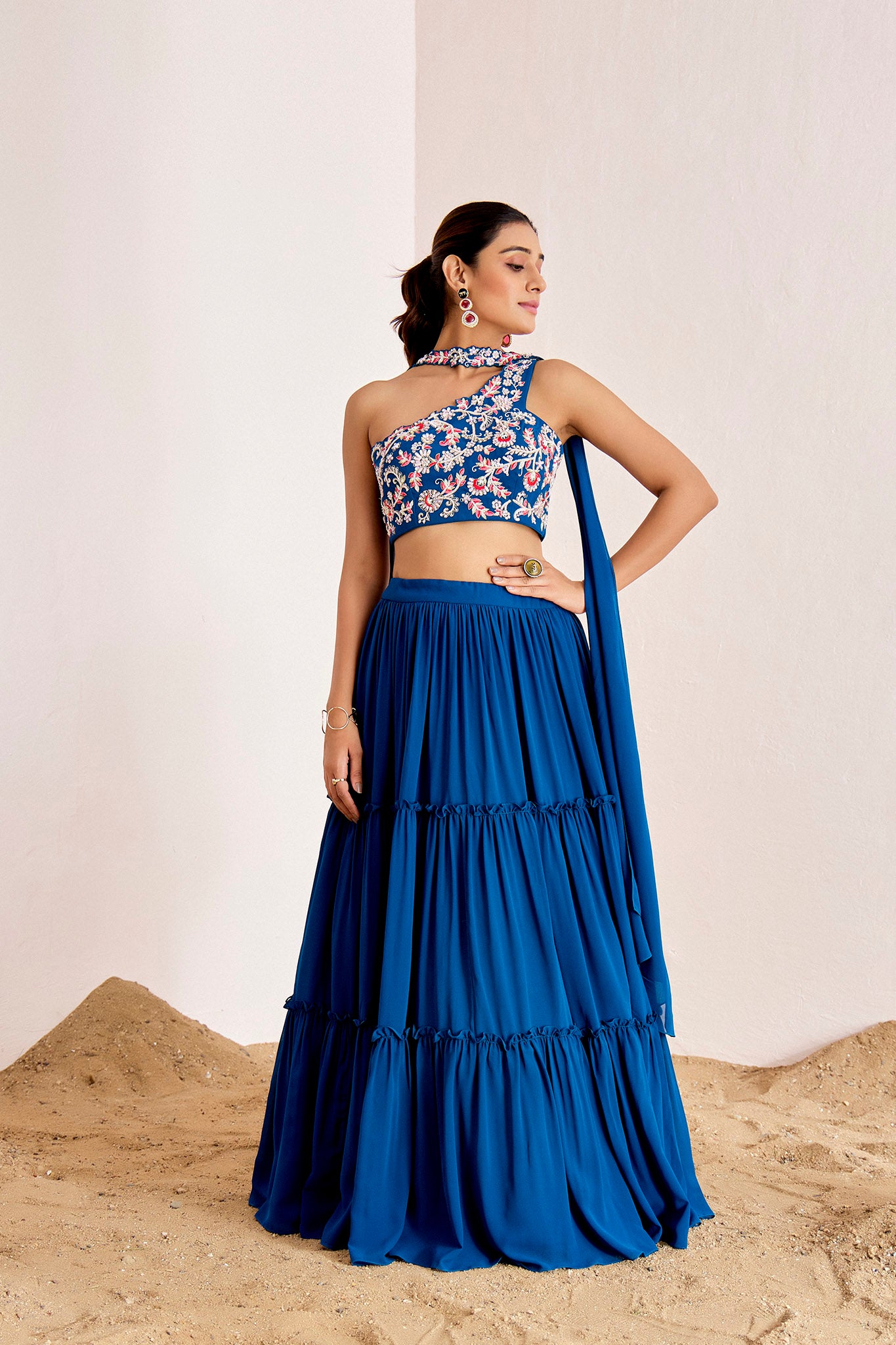 BLUE ONE SHOULDER THREE TIRED LEHENGA SET