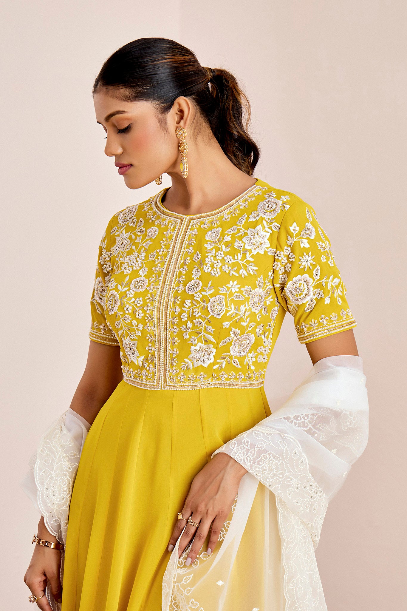 YELLOW ANARKALI WITH OFF WHITE DUPATTA