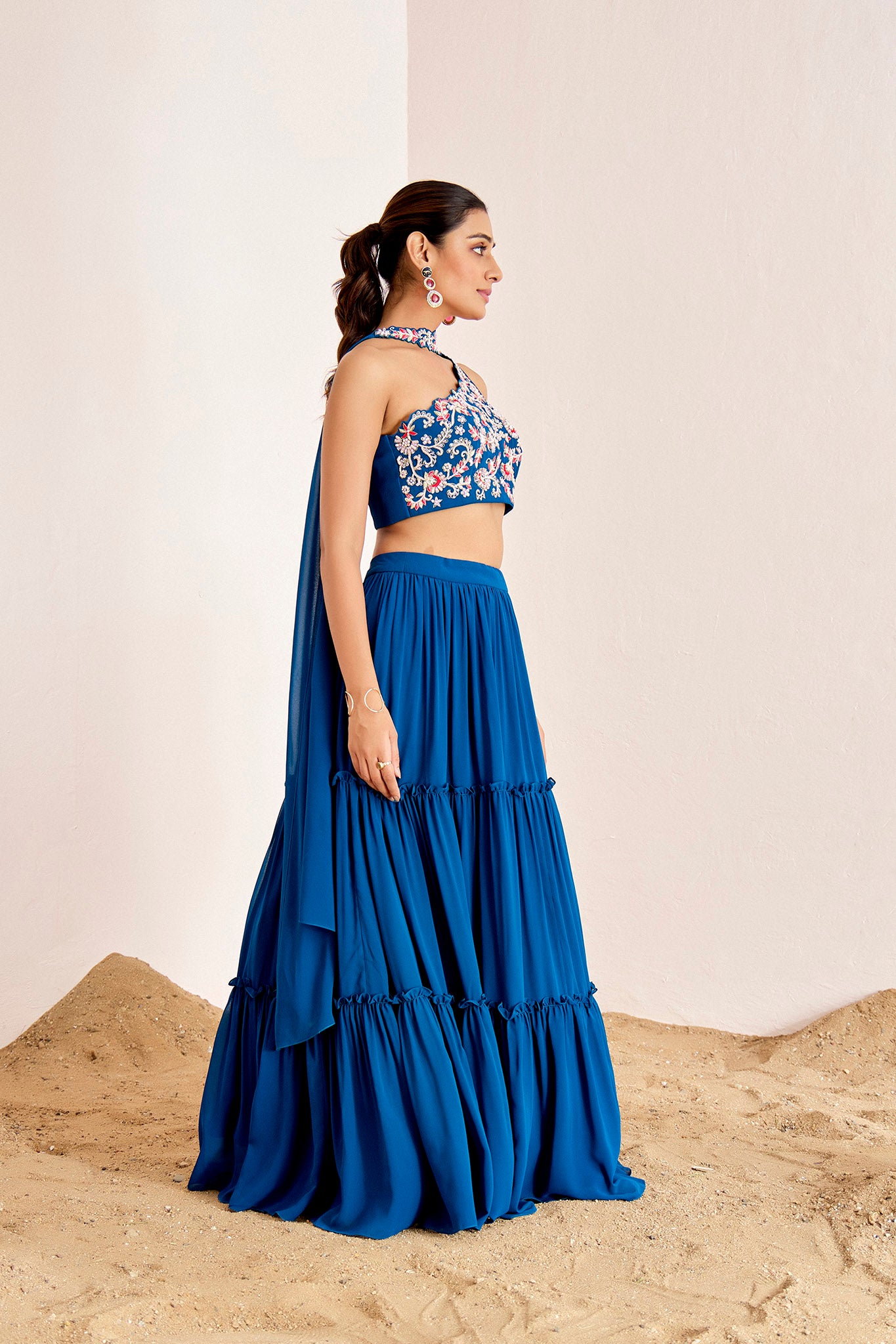 BLUE ONE SHOULDER THREE TIRED LEHENGA SET